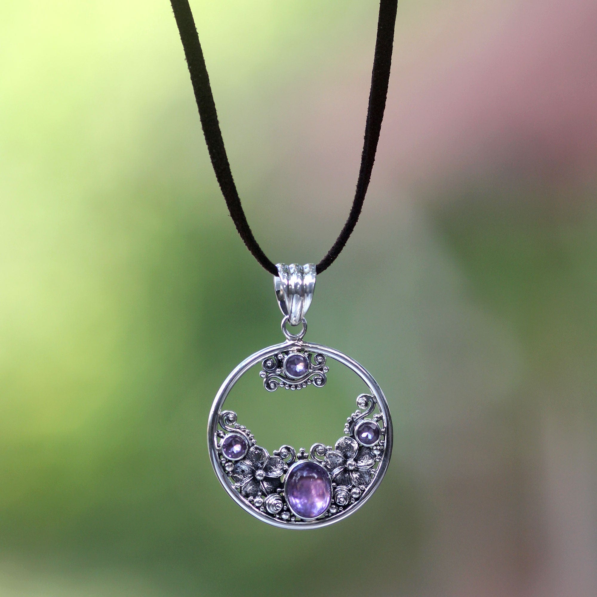 Amethyst and Sterling Silver Necklace Bali Jewelry - Frangipani Moon