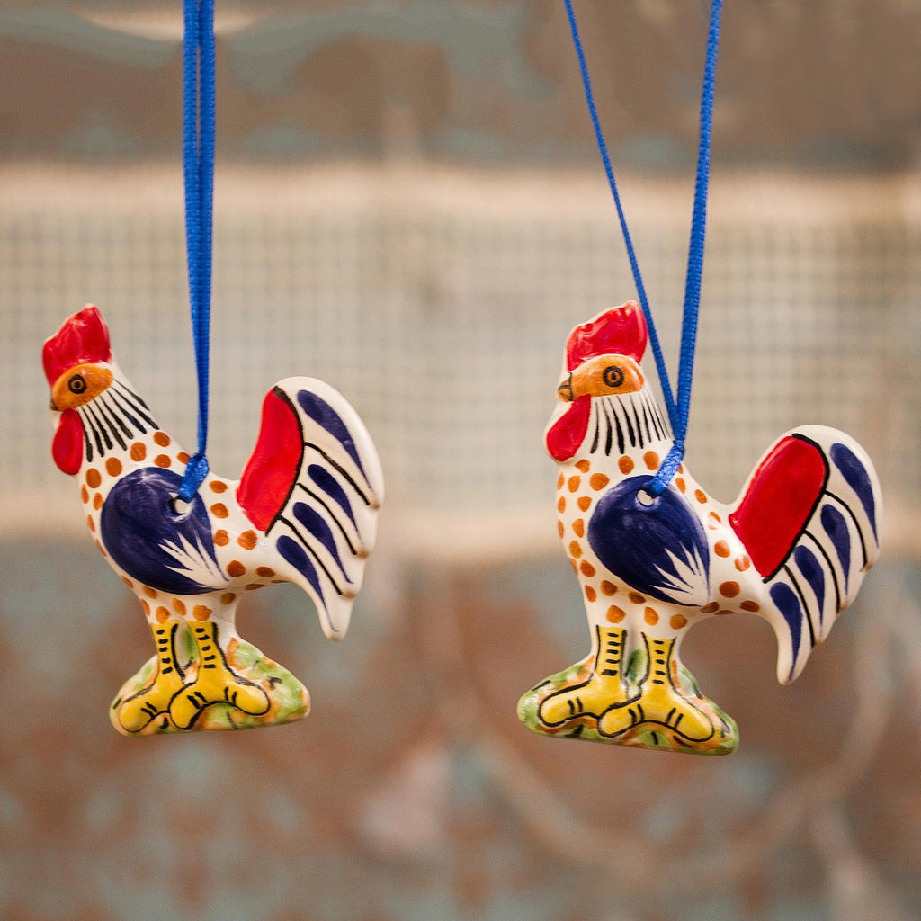 Colorful Ceramic Rooster Ornaments from Mexico (Pair) - Proud Roosters