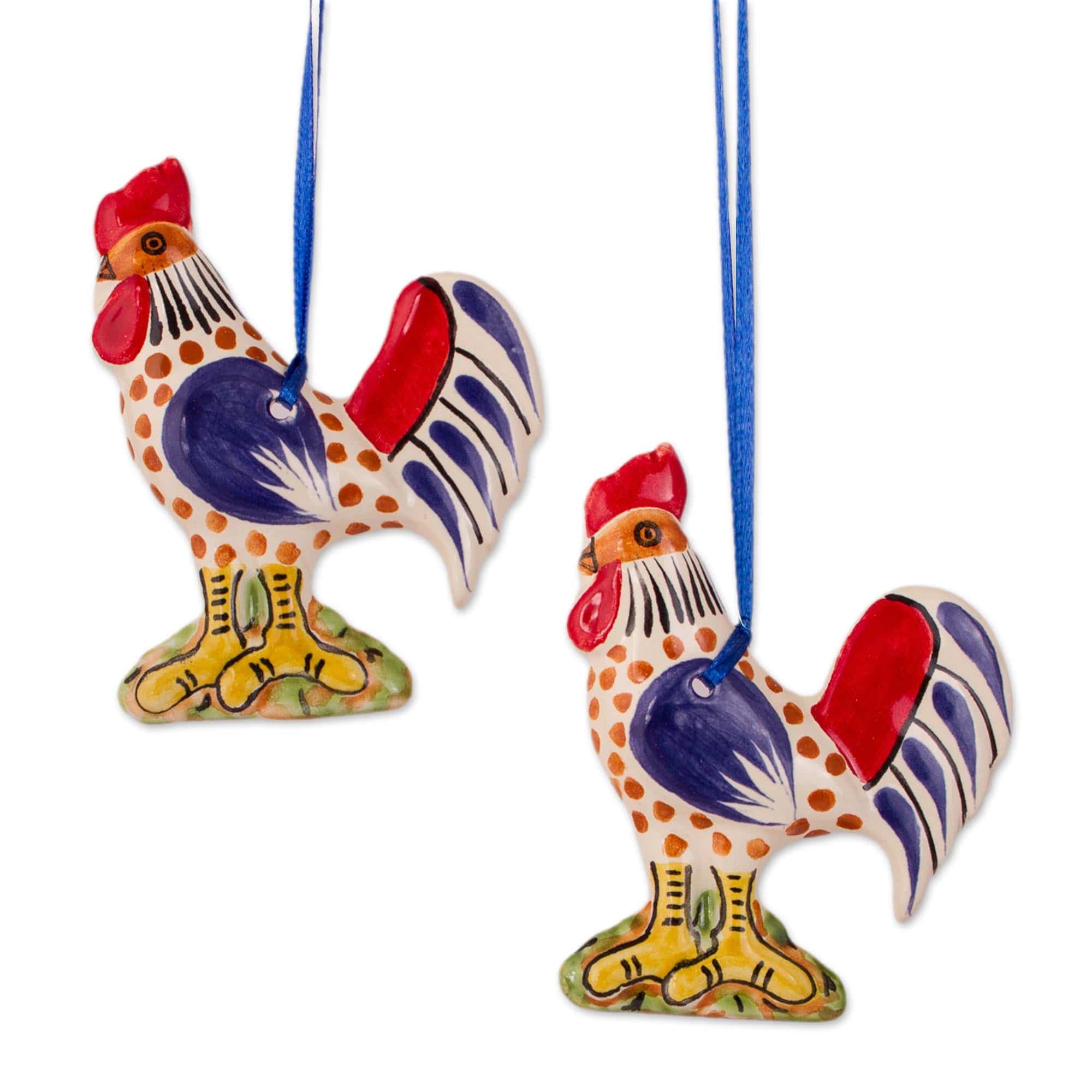 Colorful Ceramic Rooster Ornaments from Mexico (Pair) - Proud Roosters