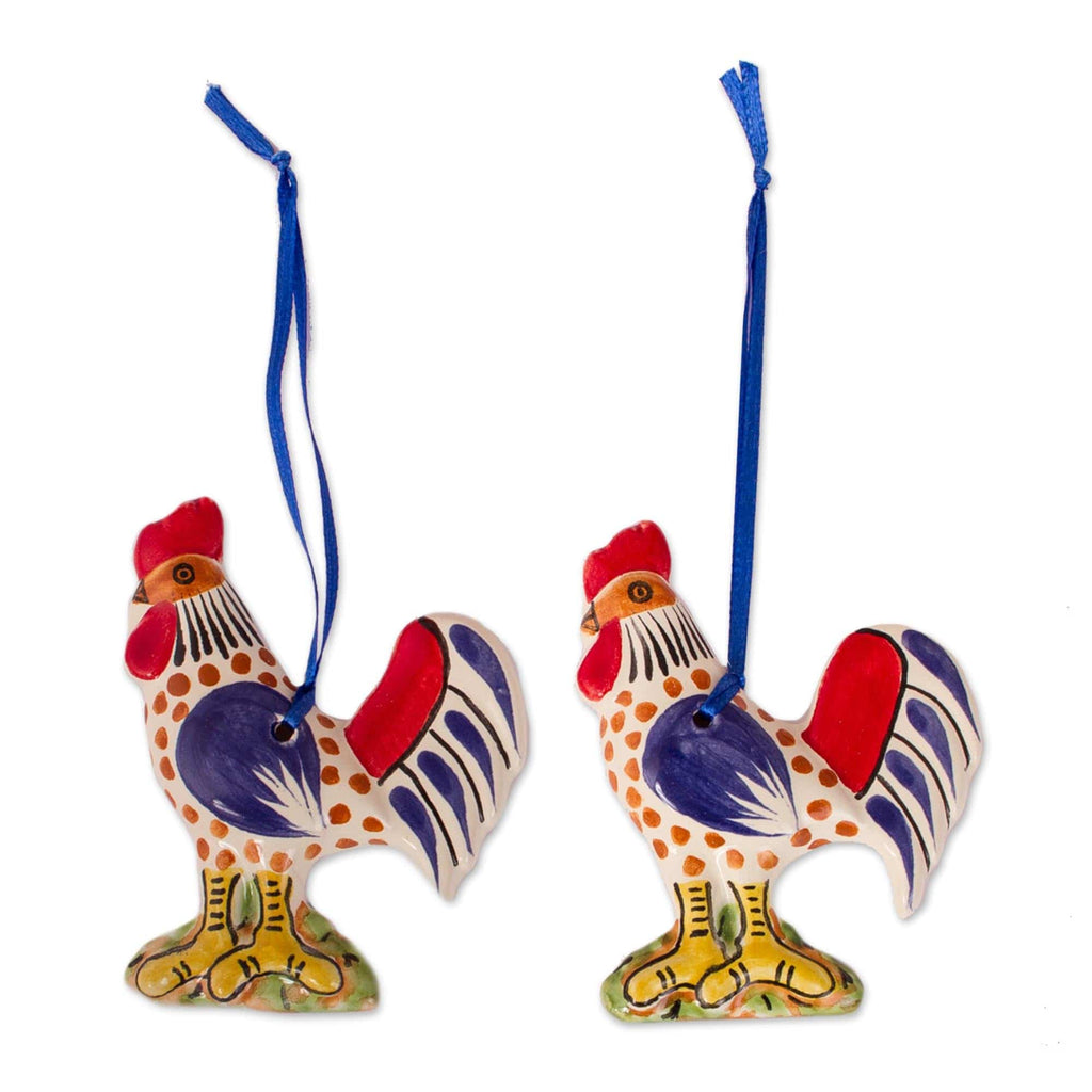 Colorful Ceramic Rooster Ornaments from Mexico (Pair) - Proud Roosters