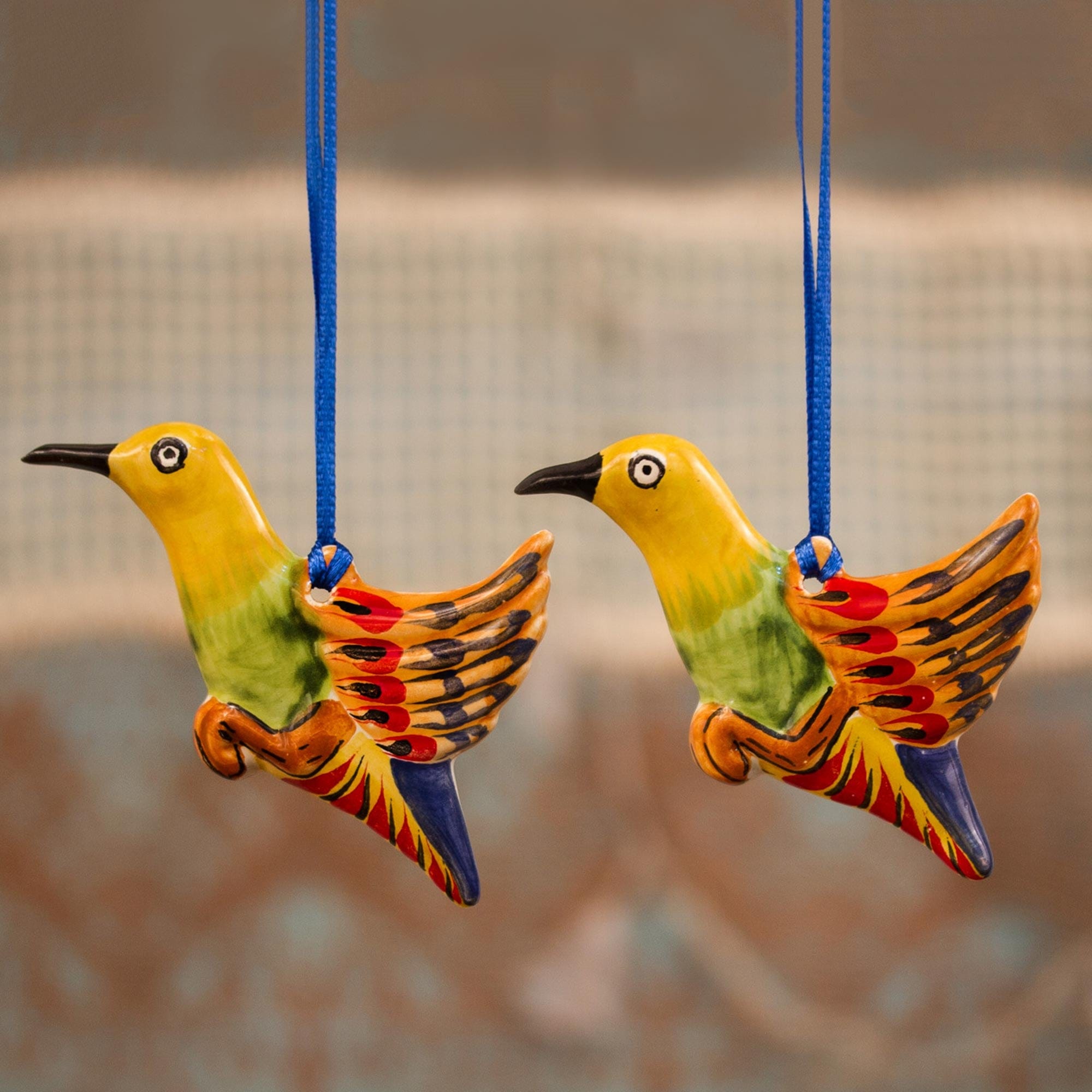 Colorful Ceramic Hummingbird Ornaments from Mexico (Pair) - Colorful Hummingbirds