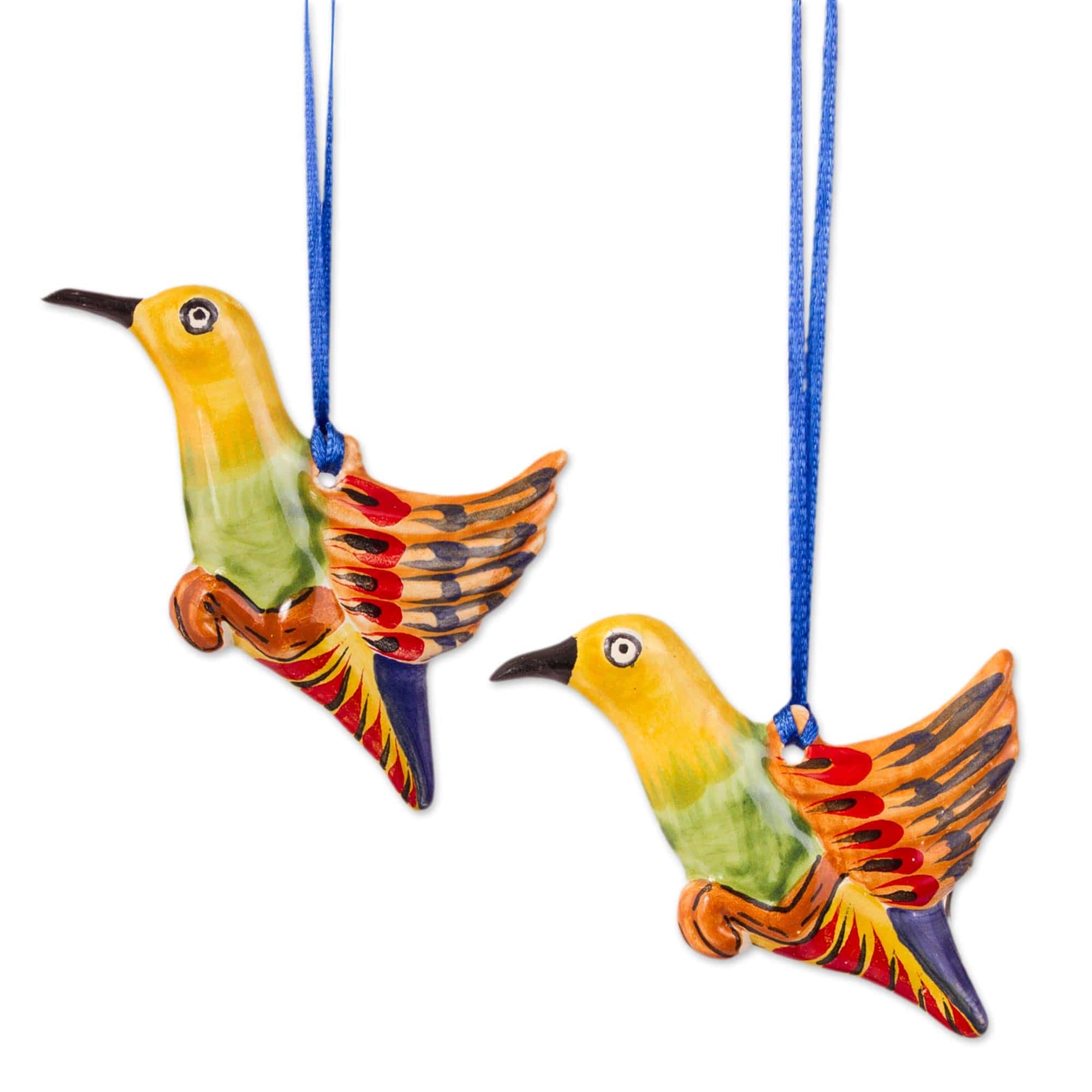 Colorful Ceramic Hummingbird Ornaments from Mexico (Pair) - Colorful Hummingbirds