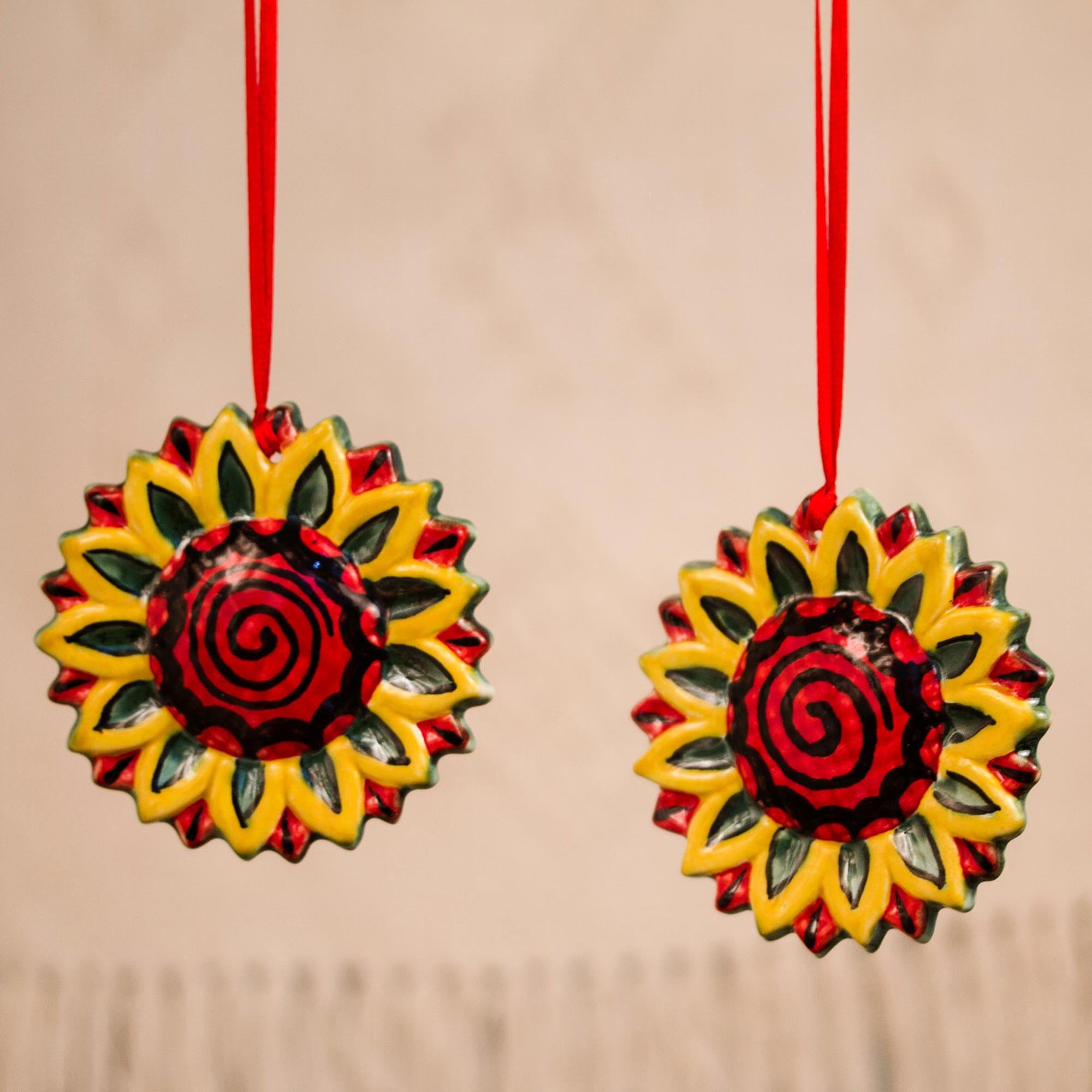 Artisan Crafted Ceramic Sunflower Ornaments (Pair) - Holiday Sunflowers