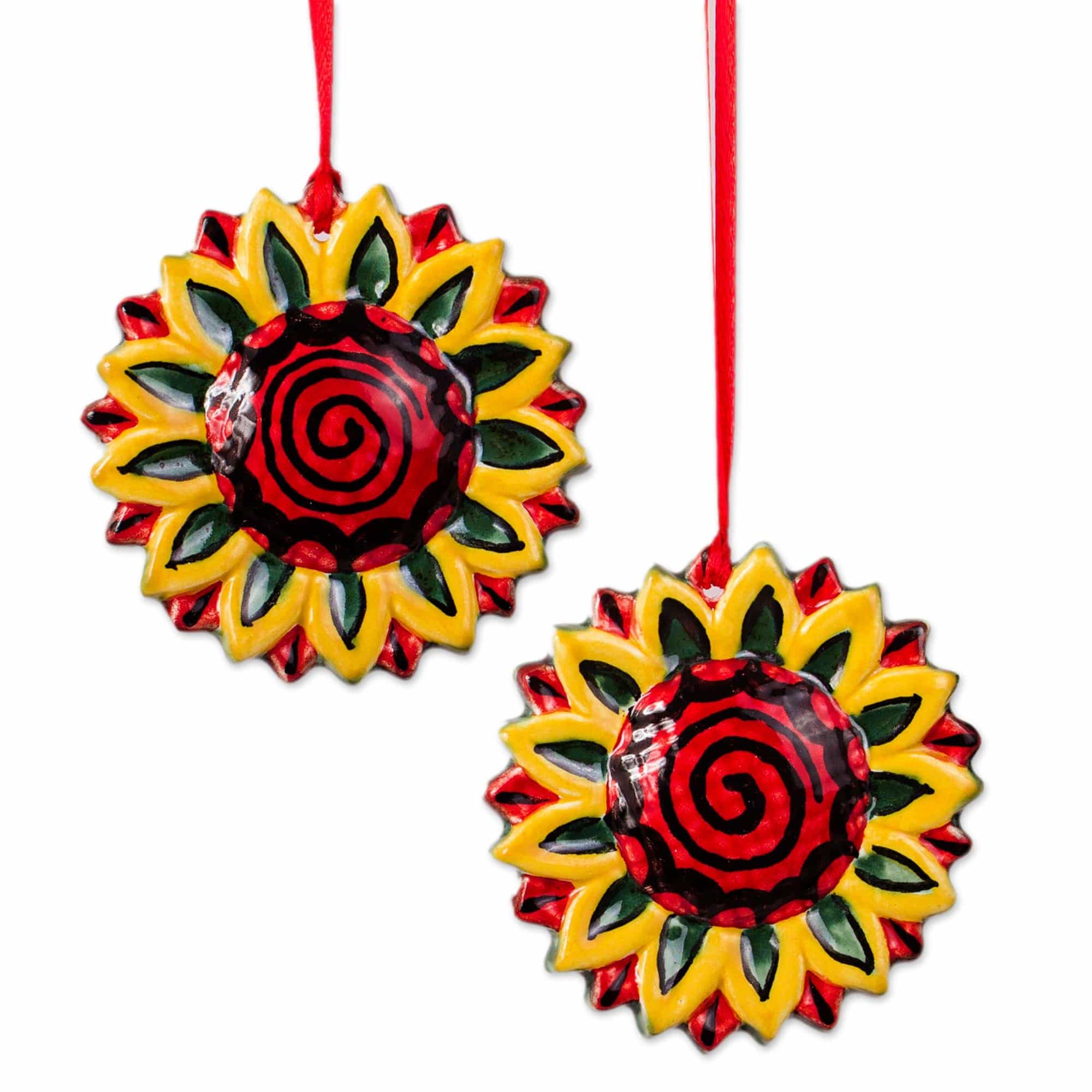 Artisan Crafted Ceramic Sunflower Ornaments (Pair) - Holiday Sunflowers