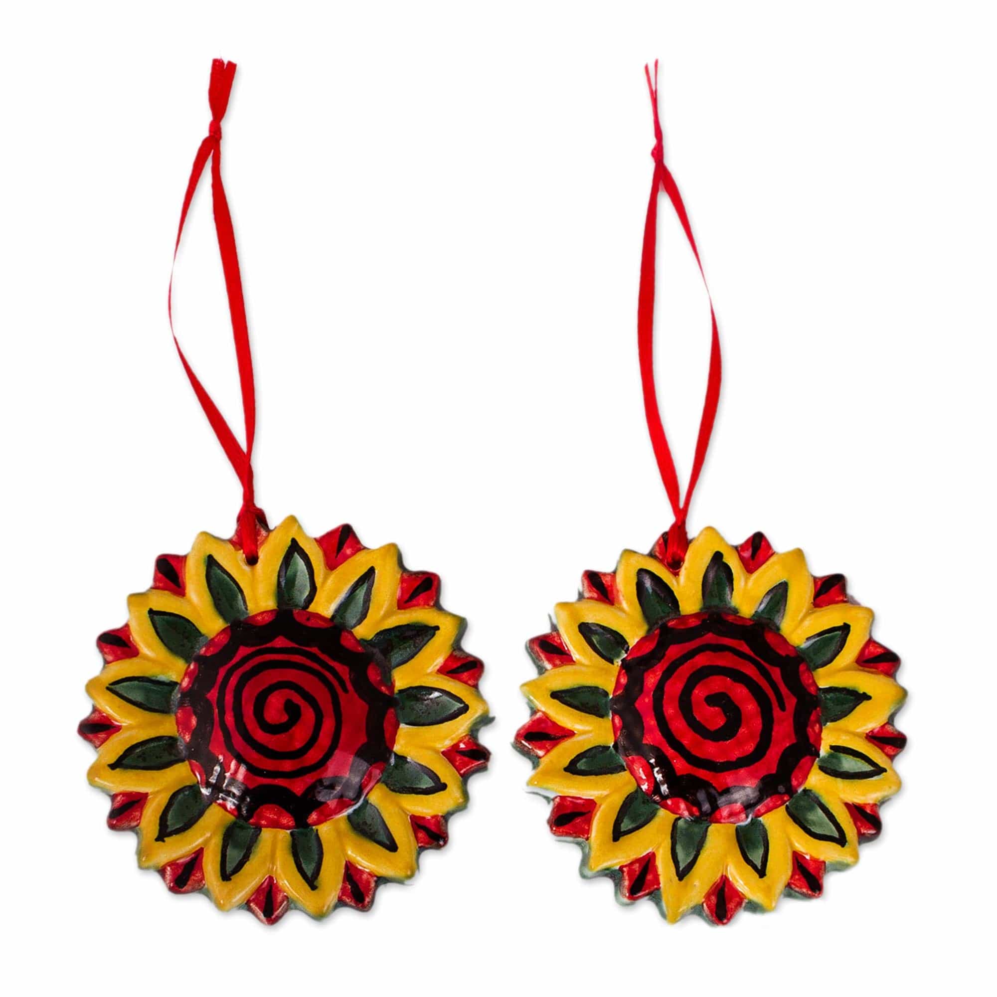Artisan Crafted Ceramic Sunflower Ornaments (Pair) - Holiday Sunflowers