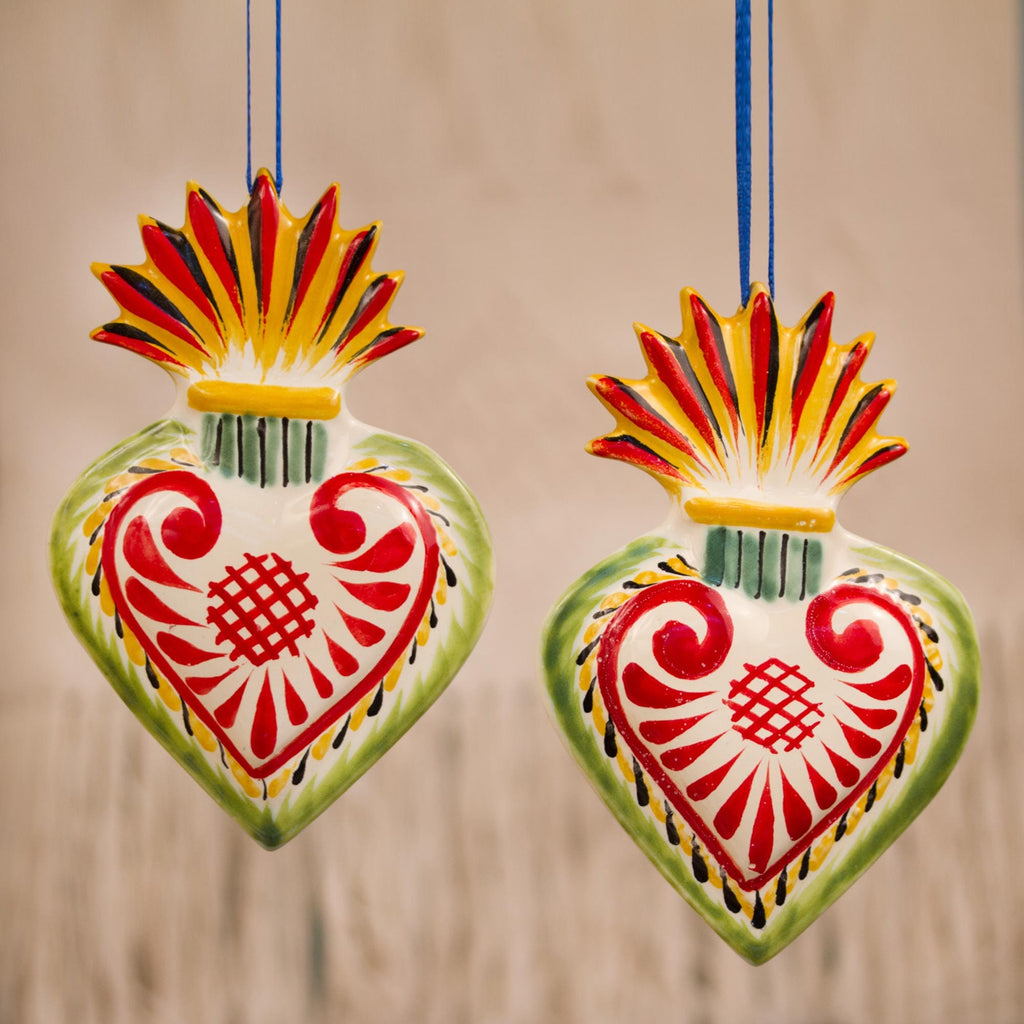 Flaming Heart Ceramic Ornaments from Mexico (Pair) - Flaming Hearts
