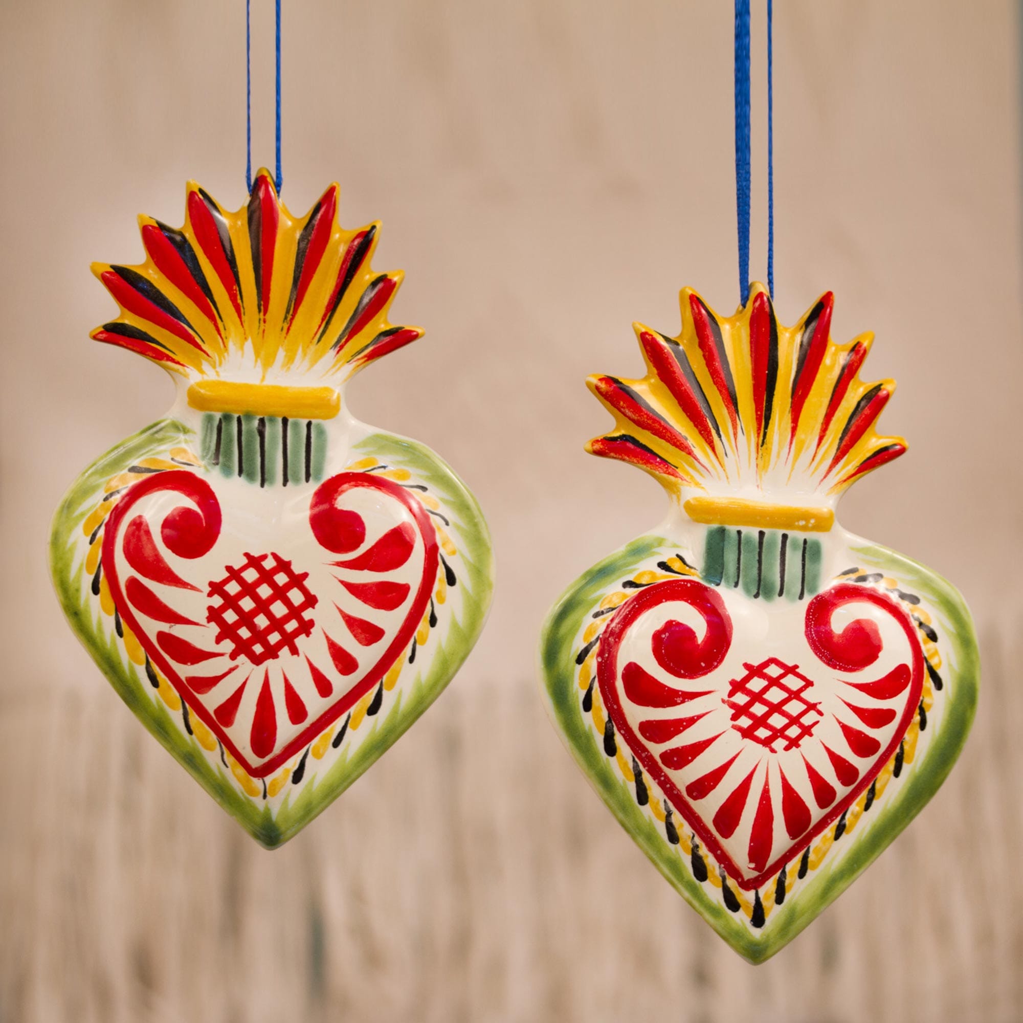 Flaming Heart Ceramic Ornaments from Mexico (Pair) - Flaming Hearts
