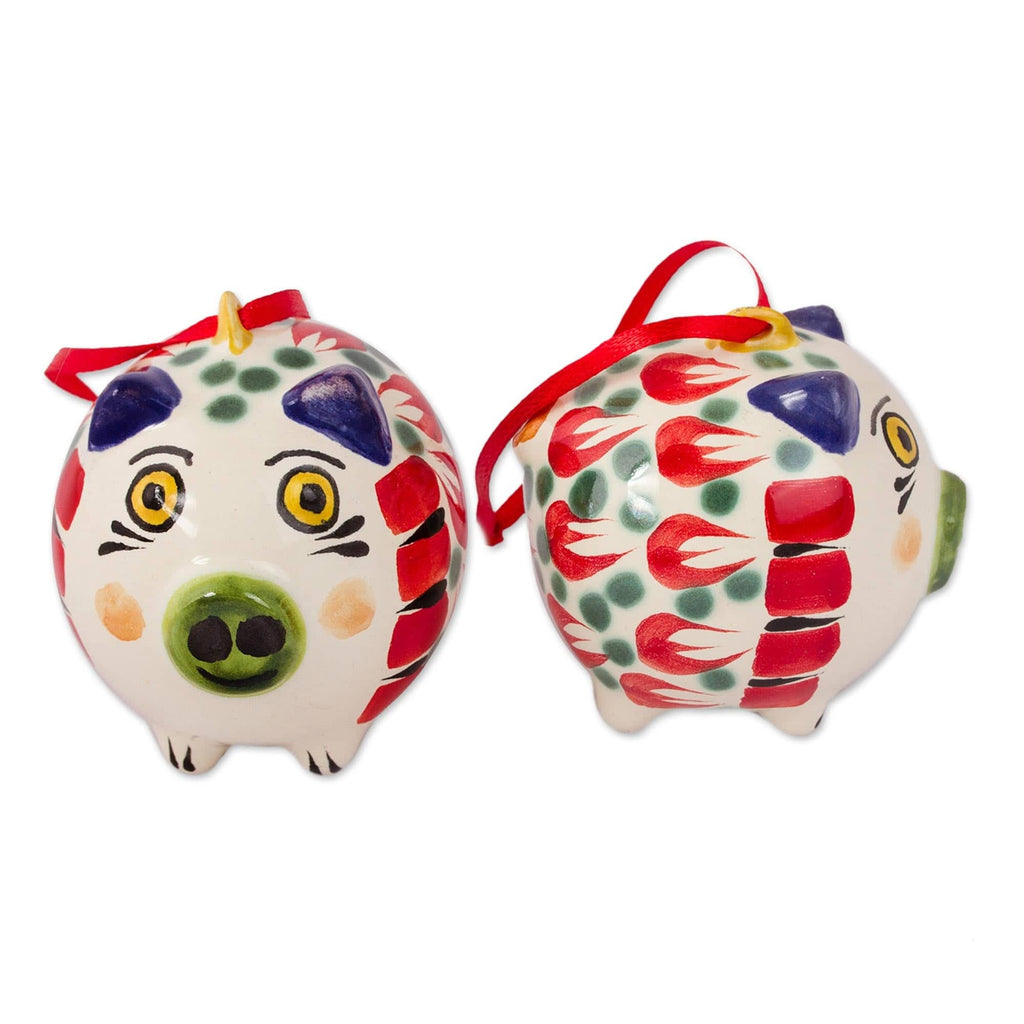 Hand-Painted Ceramic Pig Ornaments from Mexico (Pair) - Holiday Pigs