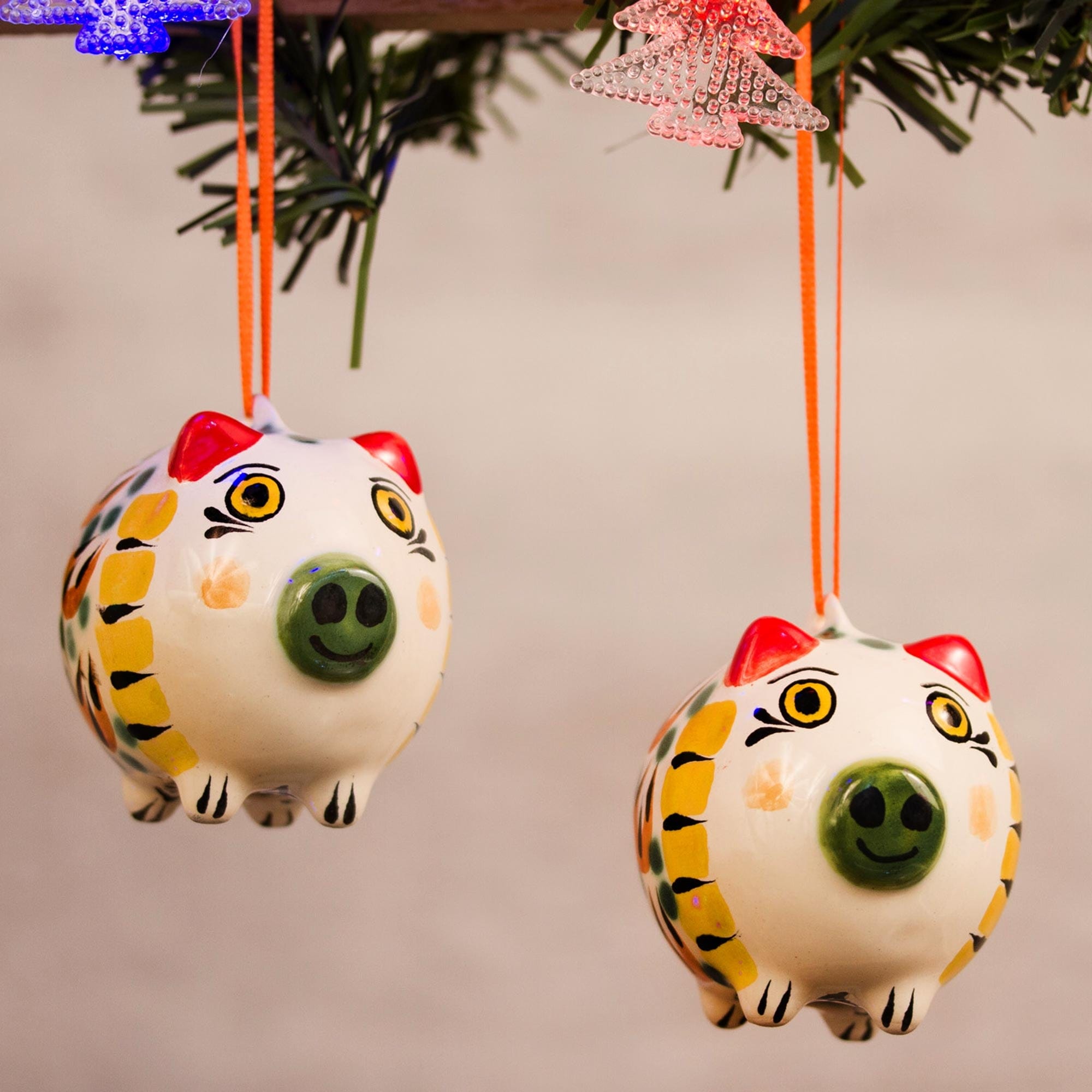 Orange and Green Ceramic Pig Ornaments from Mexico (Pair) - Jolly Pigs