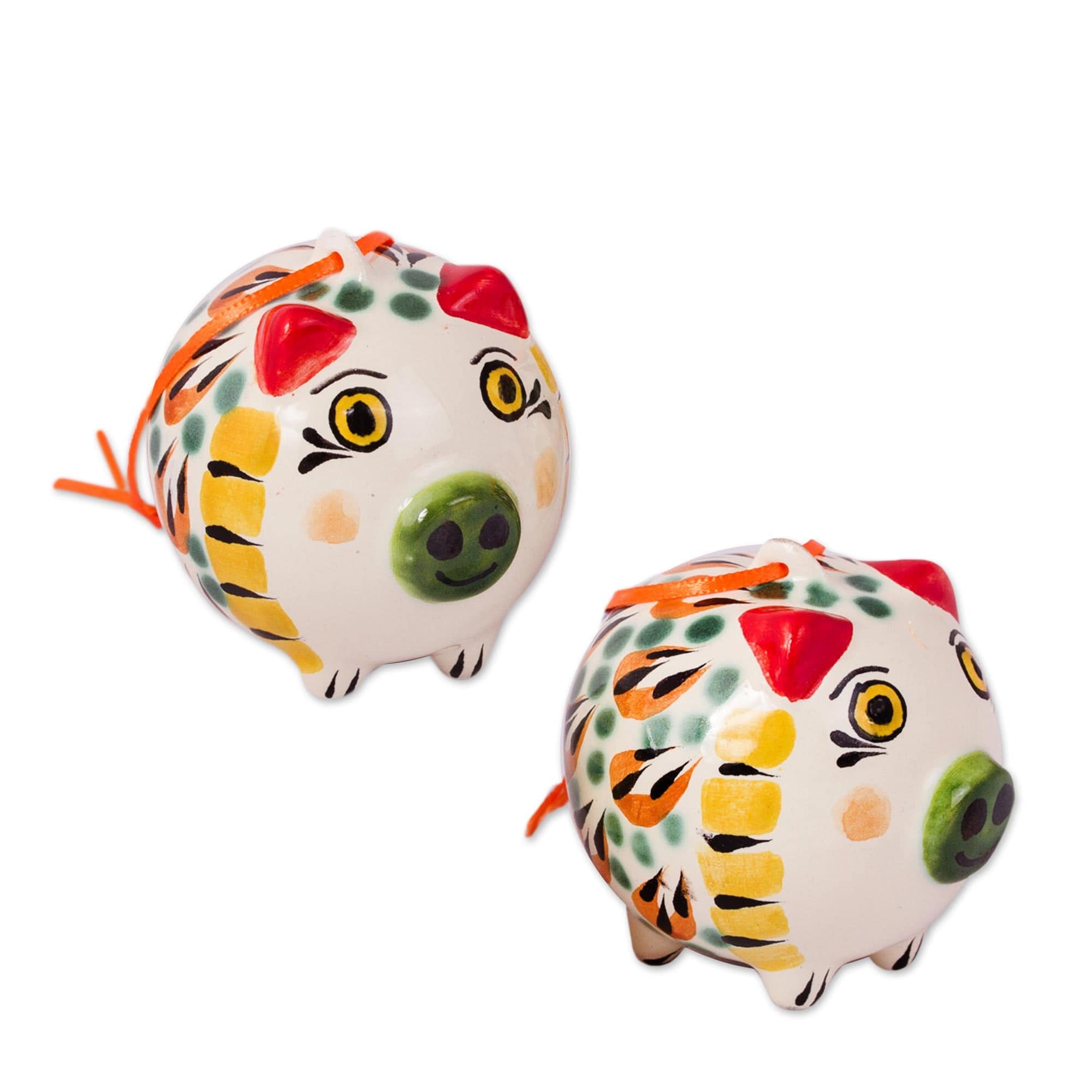 Orange and Green Ceramic Pig Ornaments from Mexico (Pair) - Jolly Pigs