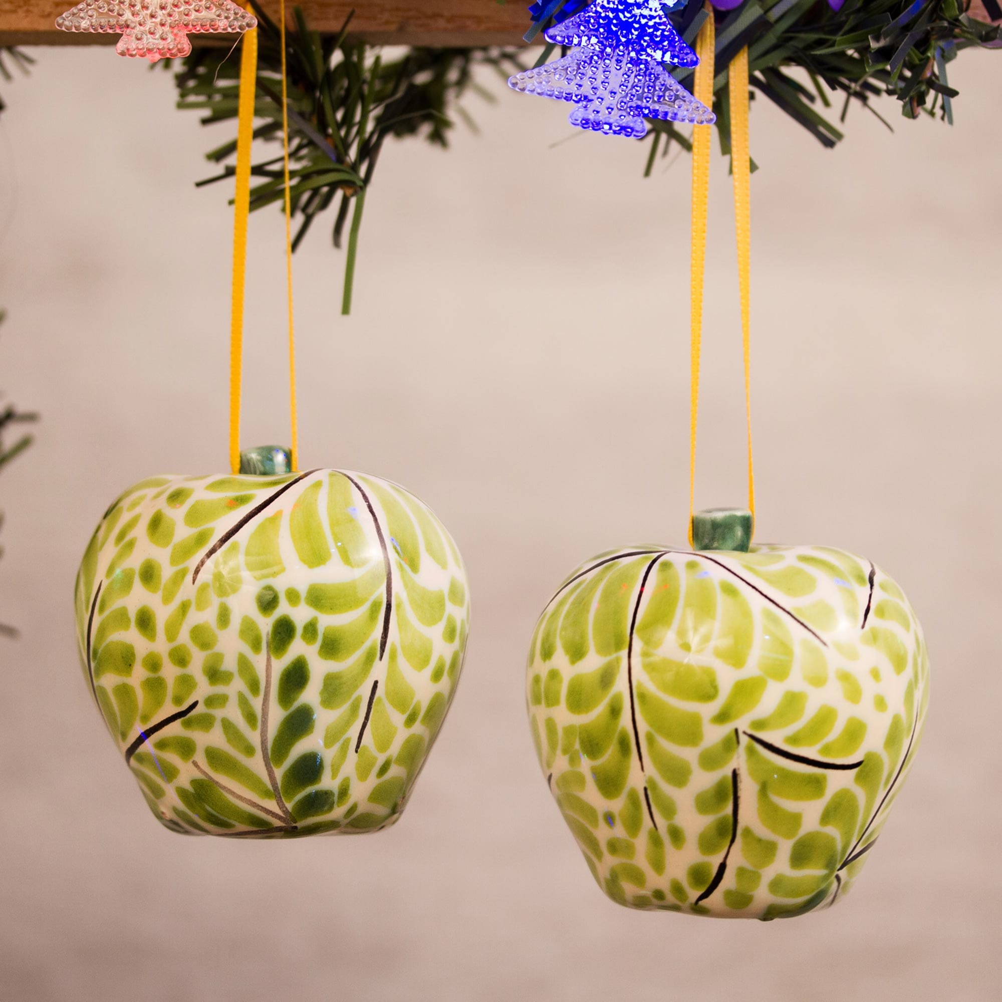 Hand-Painted Ceramic Apple Ornaments in Green (Pair) - Green Apples