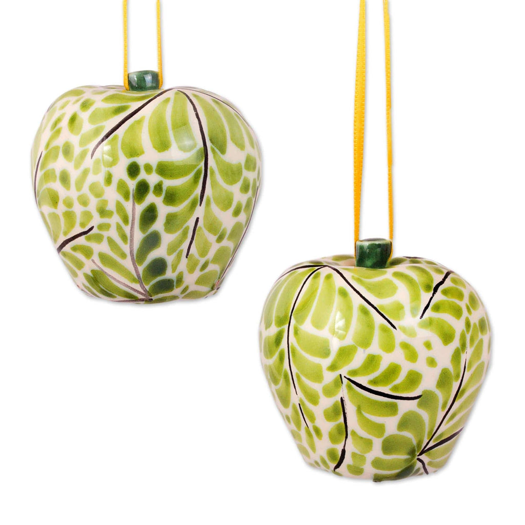 Hand-Painted Ceramic Apple Ornaments in Green (Pair) - Green Apples