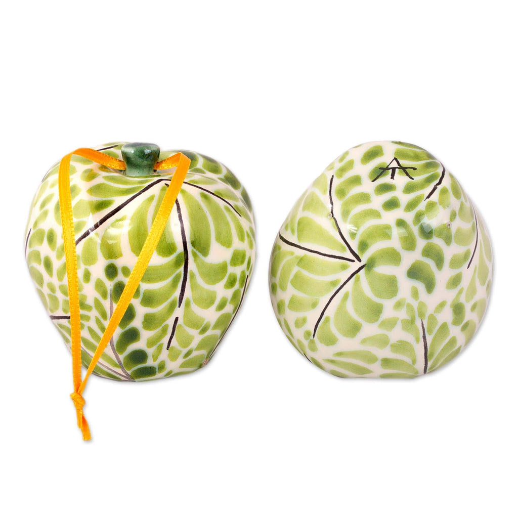 Hand-Painted Ceramic Apple Ornaments in Green (Pair) - Green Apples
