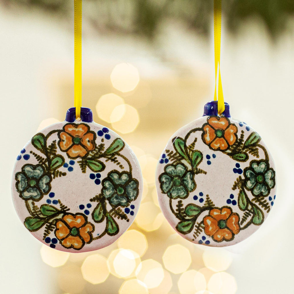 Hand Painted Floral Ceramic Ornaments (Pair) - Talavera Tidings