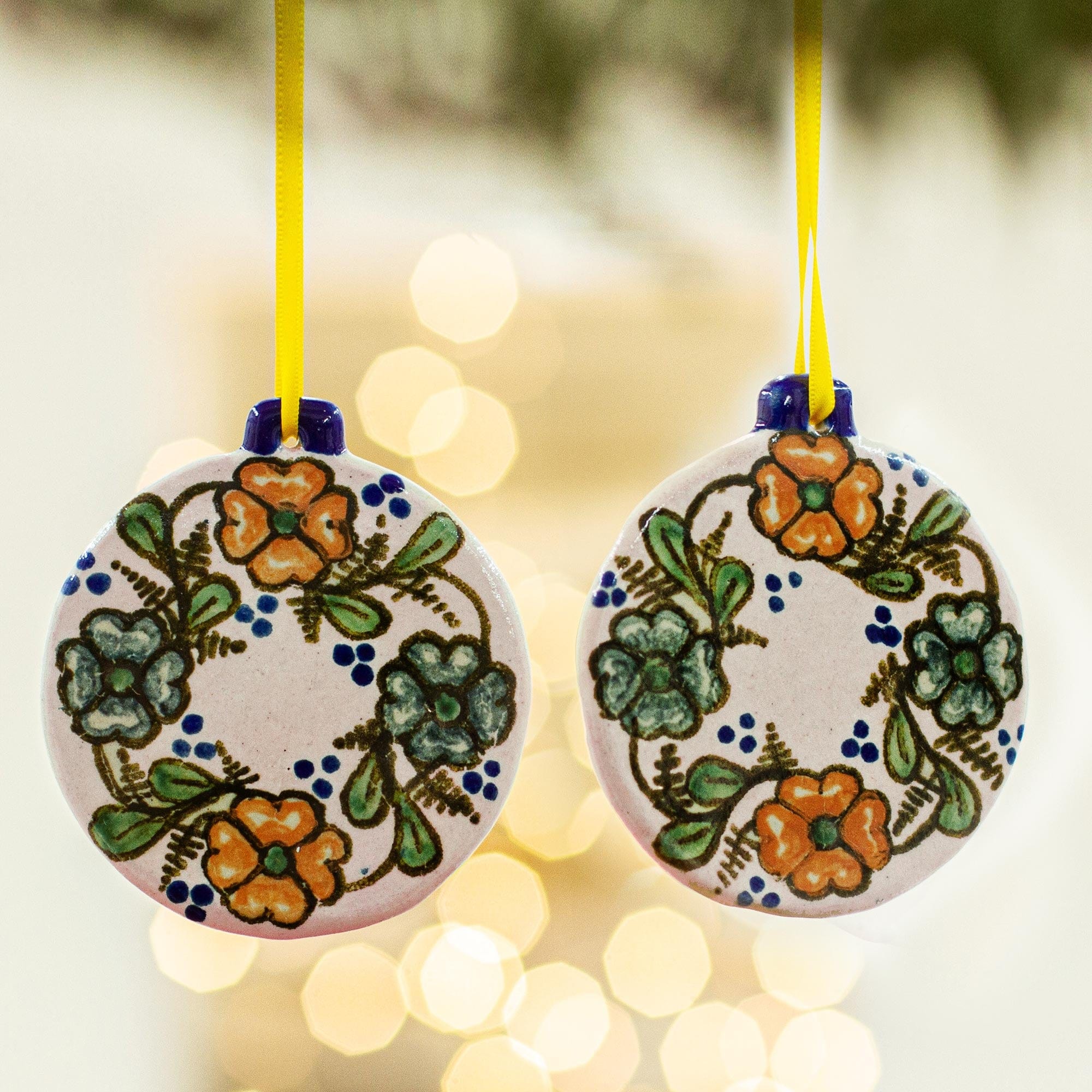 Hand Painted Floral Ceramic Ornaments (Pair) - Talavera Tidings