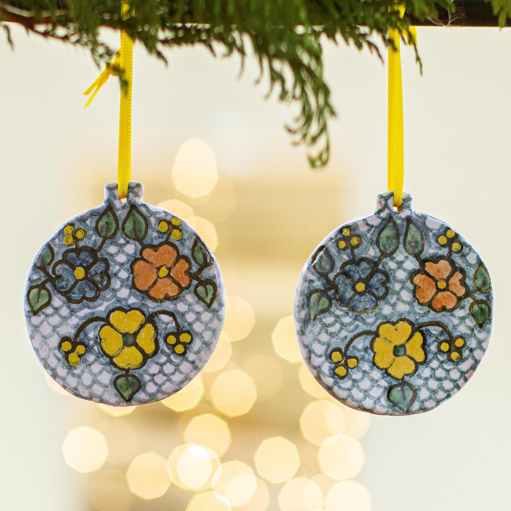 Talavera-Style Ceramic Ornaments (Pair) - Flower Cheer