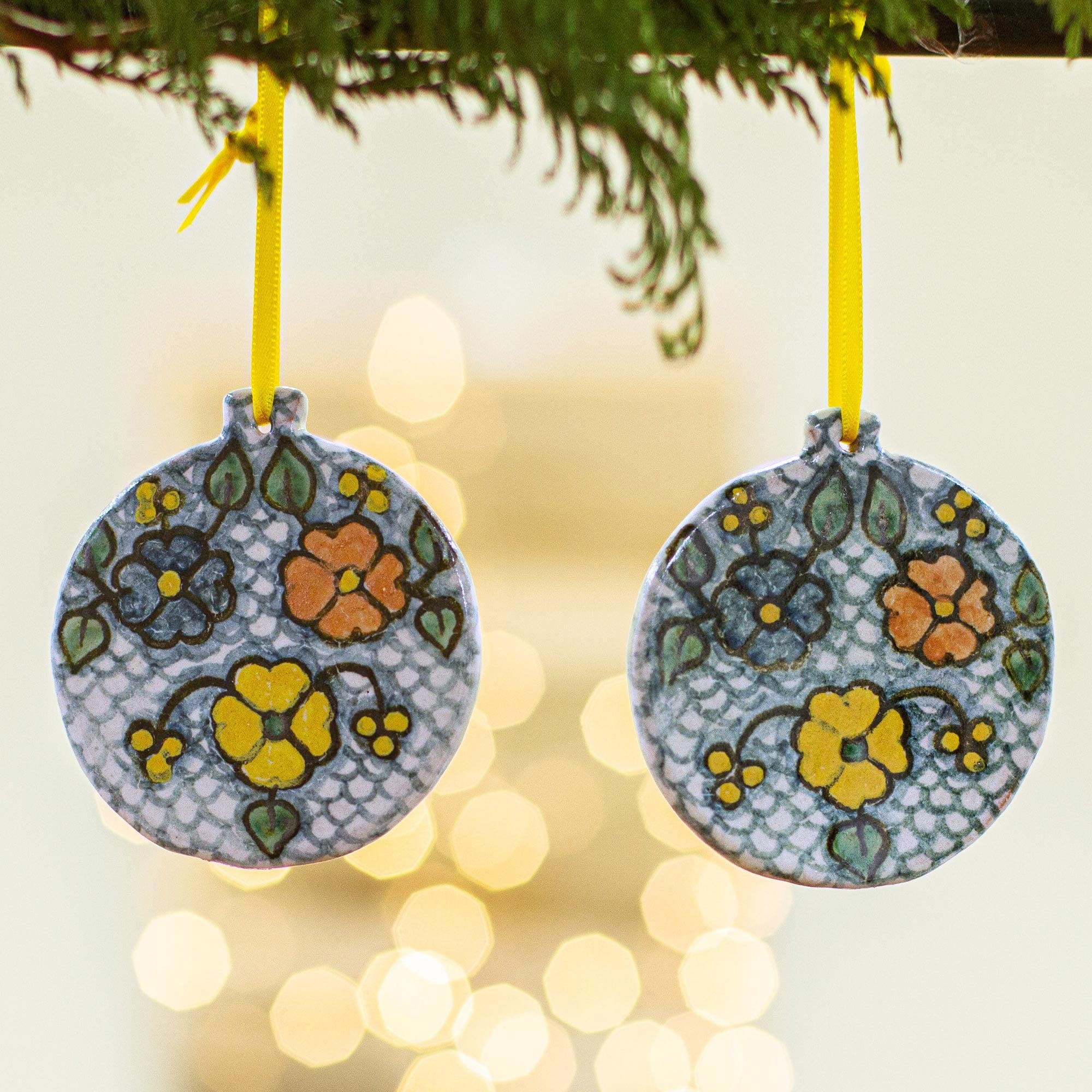 Talavera-Style Ceramic Ornaments (Pair) - Flower Cheer