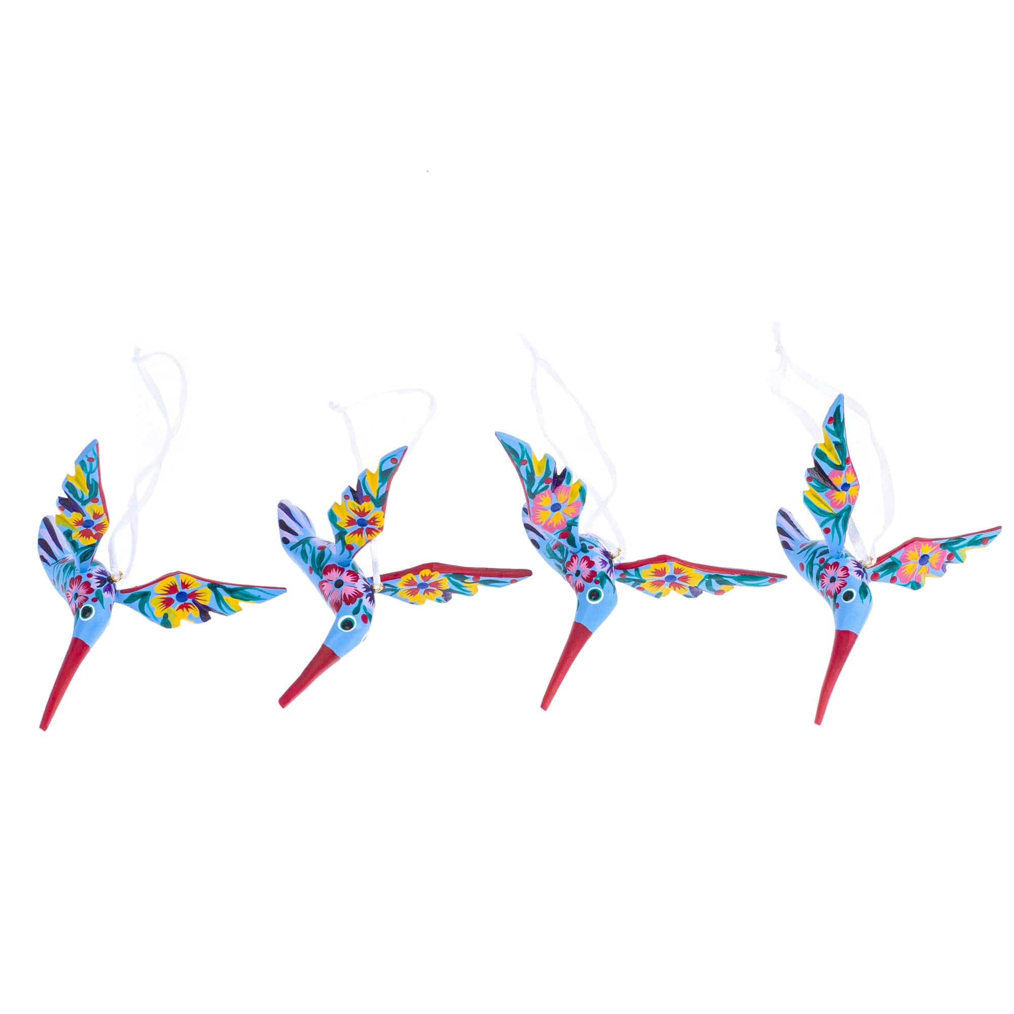 Set of 4 Handcrafted Copal Wood Bird Ornaments in Cerulean - Cerulean Flutter