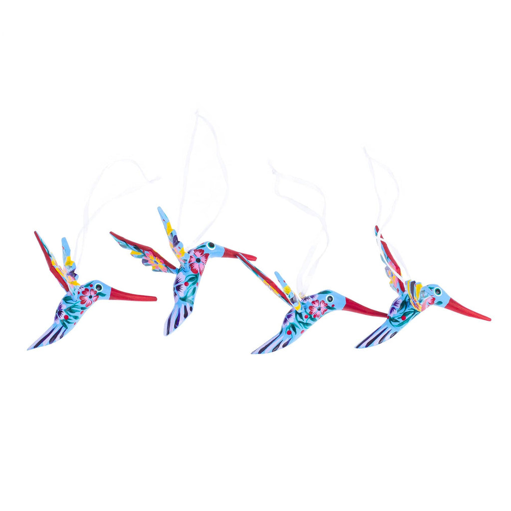 Set of 4 Handcrafted Copal Wood Bird Ornaments in Cerulean - Cerulean Flutter