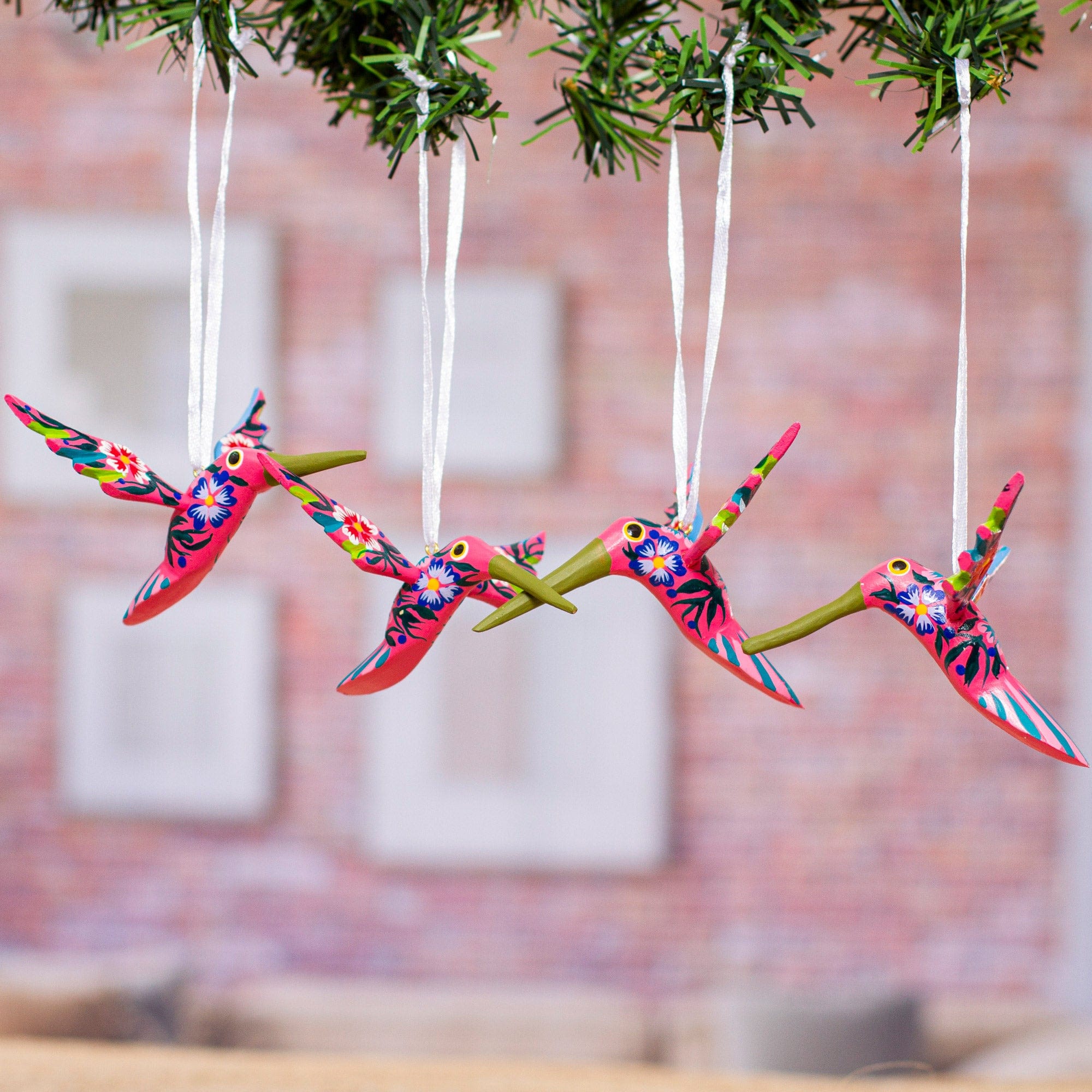 Set of 4 Handcrafted Copal Wood Bird Ornaments in Carmine - Carmine Flutter