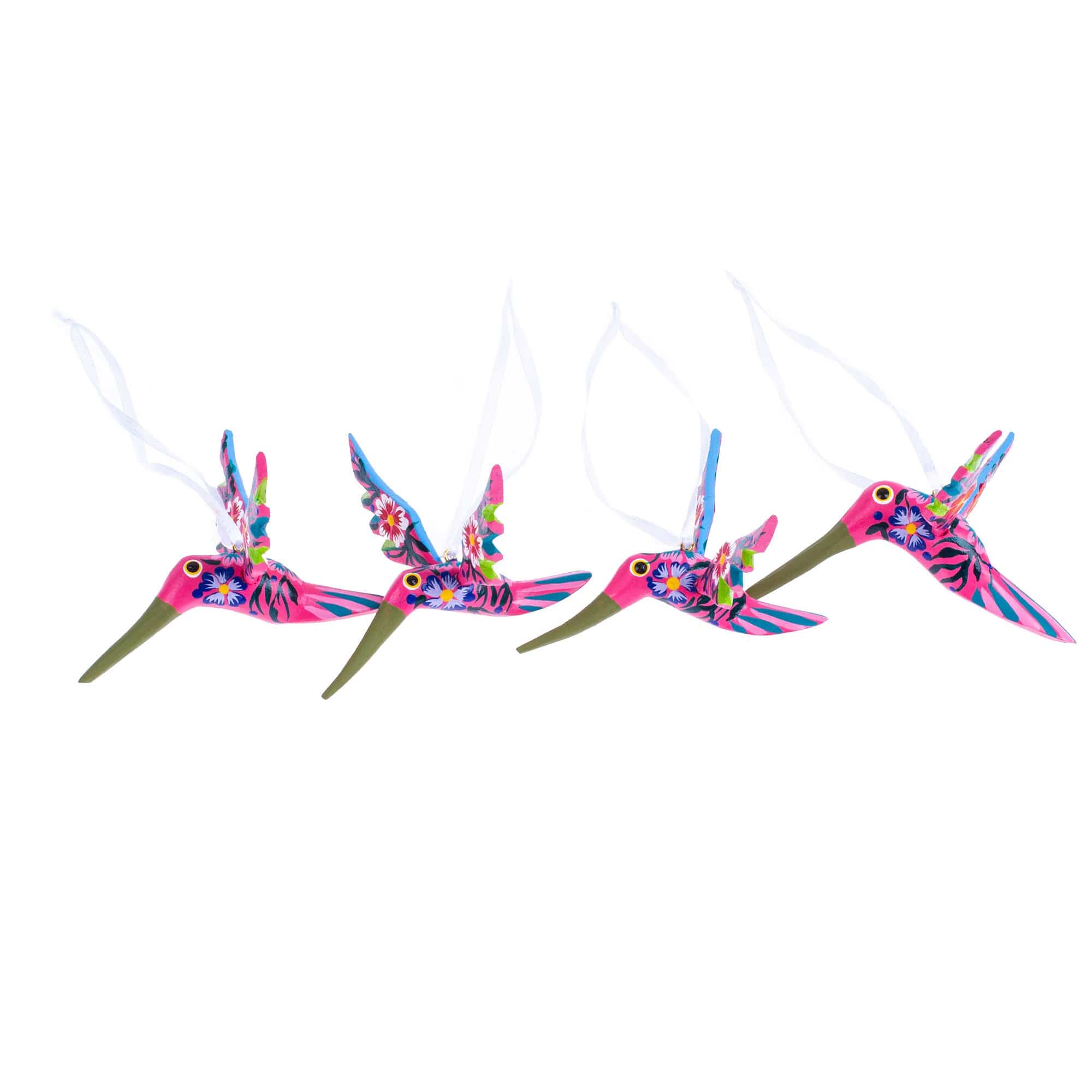 Set of 4 Handcrafted Copal Wood Bird Ornaments in Carmine - Carmine Flutter