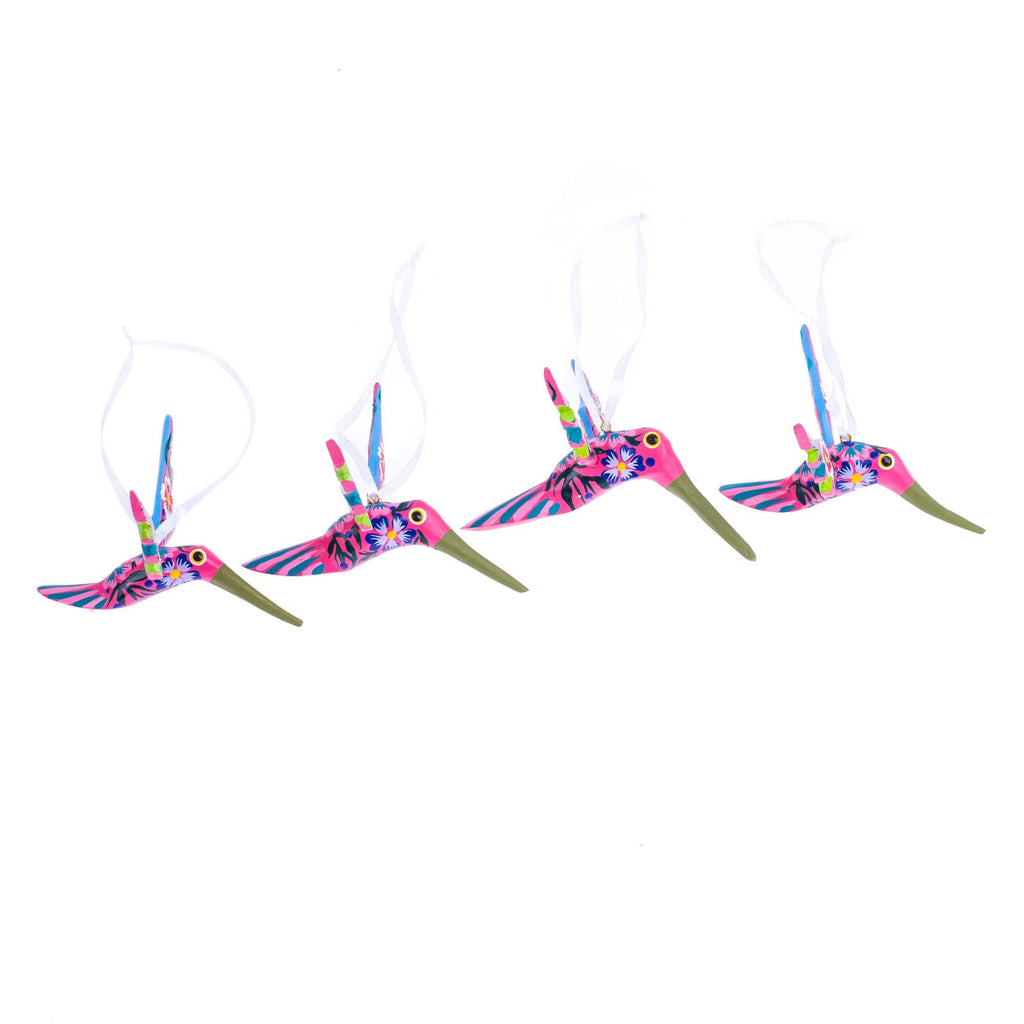 Set of 4 Handcrafted Copal Wood Bird Ornaments in Carmine - Carmine Flutter