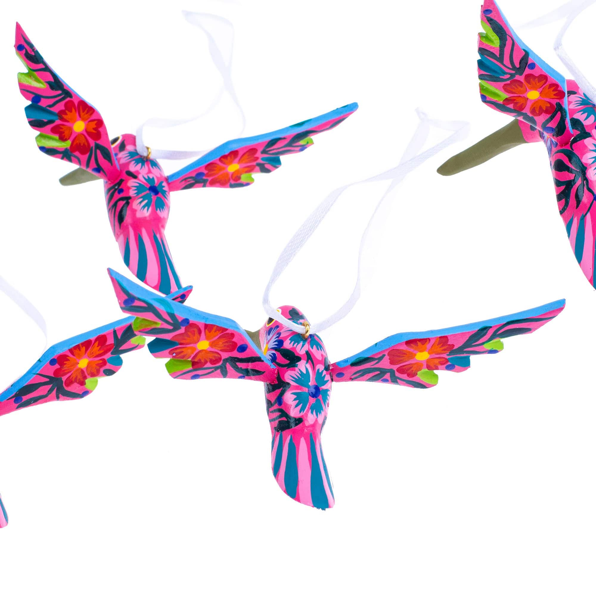 Set of 4 Handcrafted Copal Wood Bird Ornaments in Carmine - Carmine Flutter
