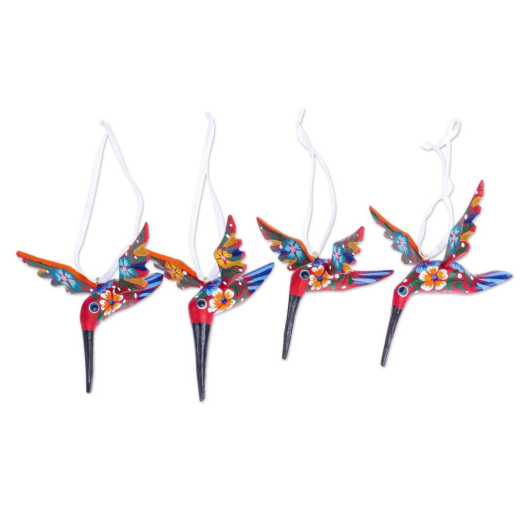 Set of 4 Handcrafted Copal Wood Bird Ornaments in Vermilion - Vermilion Flutter