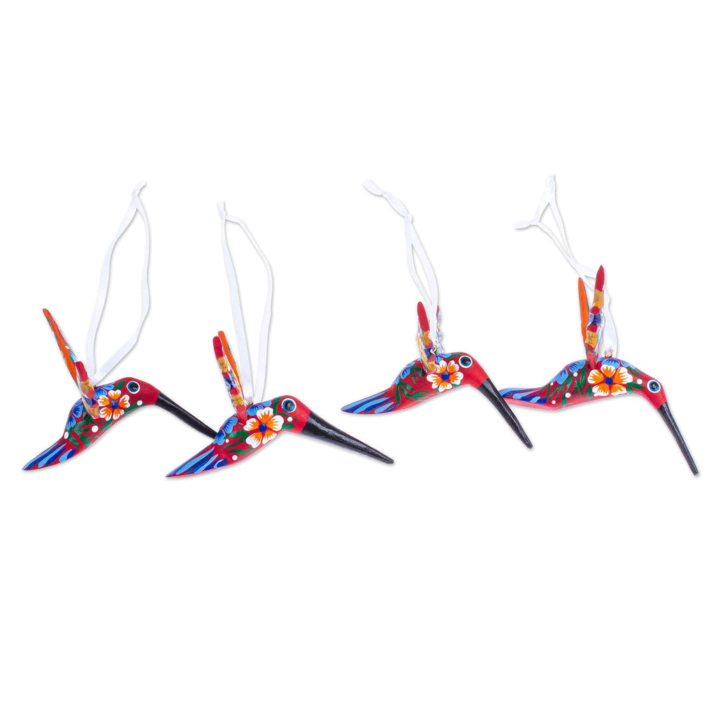 Set of 4 Handcrafted Copal Wood Bird Ornaments in Vermilion - Vermilion Flutter