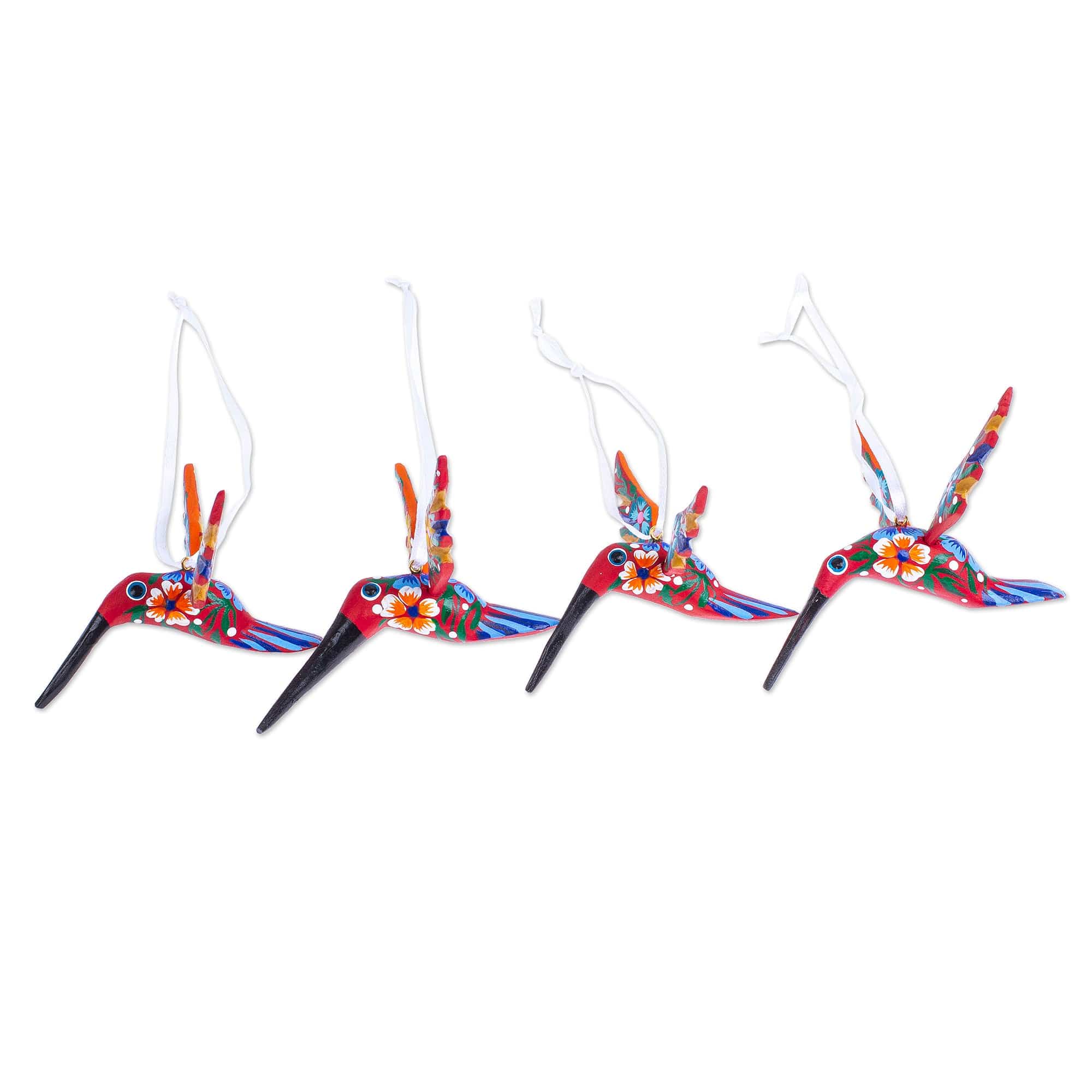 Set of 4 Handcrafted Copal Wood Bird Ornaments in Vermilion - Vermilion Flutter
