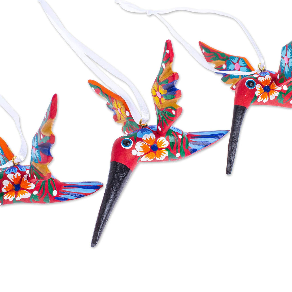 Set of 4 Handcrafted Copal Wood Bird Ornaments in Vermilion - Vermilion Flutter