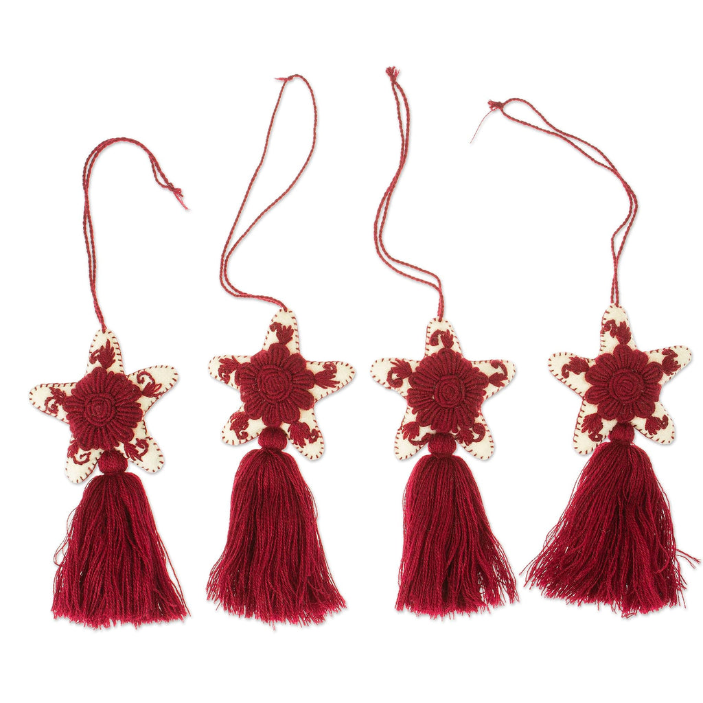 Set of 4 Handcrafted Cotton Star Ornaments in Mulberry Hue - Mulberry Constellation