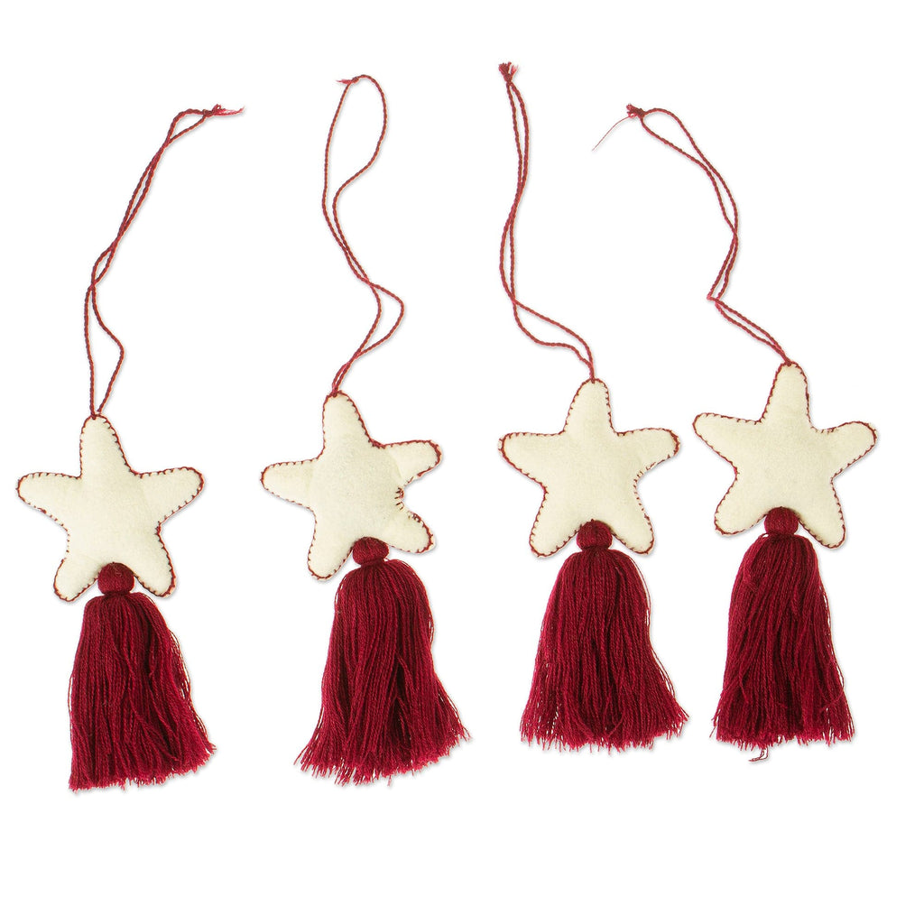 Set of 4 Handcrafted Cotton Star Ornaments in Mulberry Hue - Mulberry Constellation
