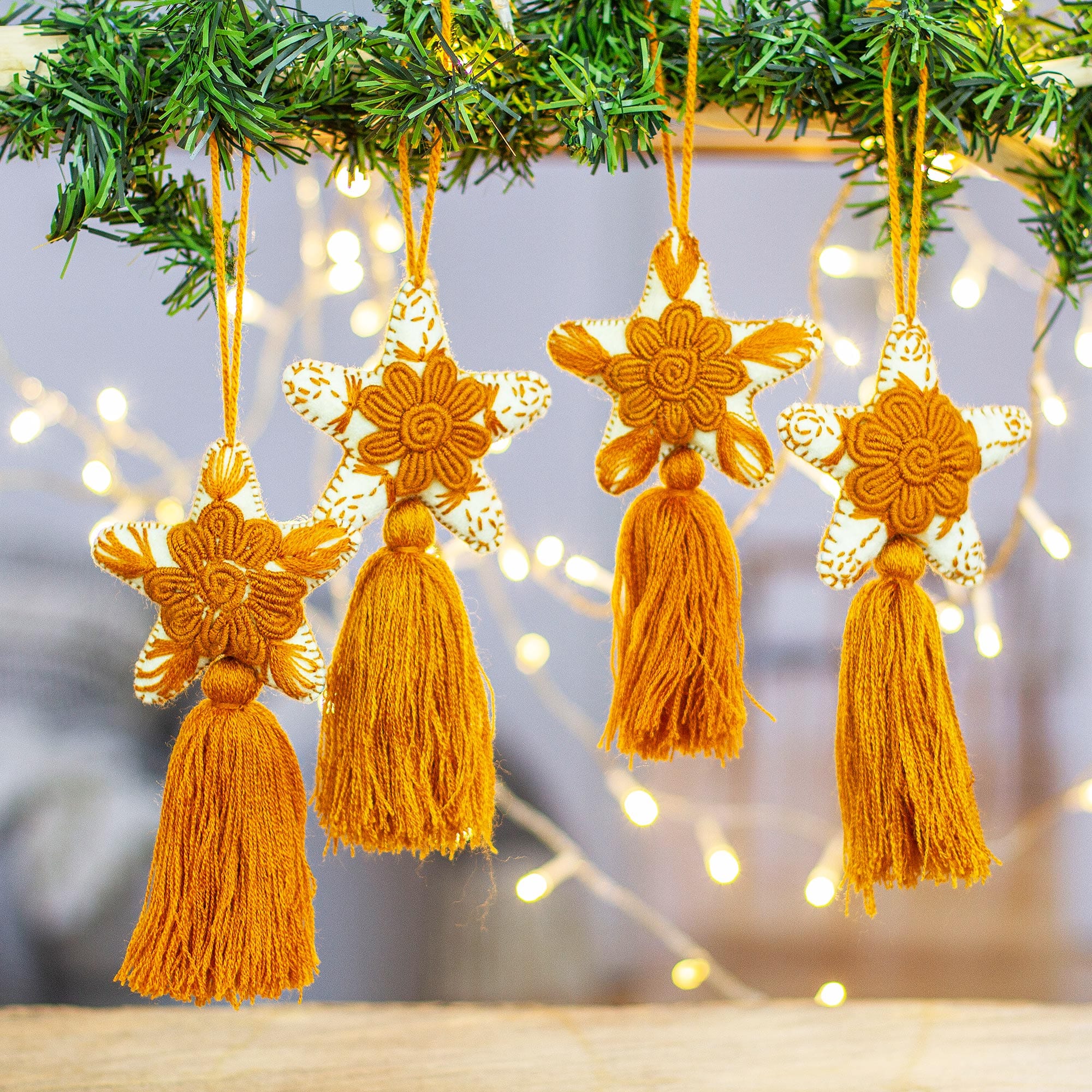 Set of 4 Handcrafted Cotton Star Ornaments in Ginger Hue - Ginger Constellation
