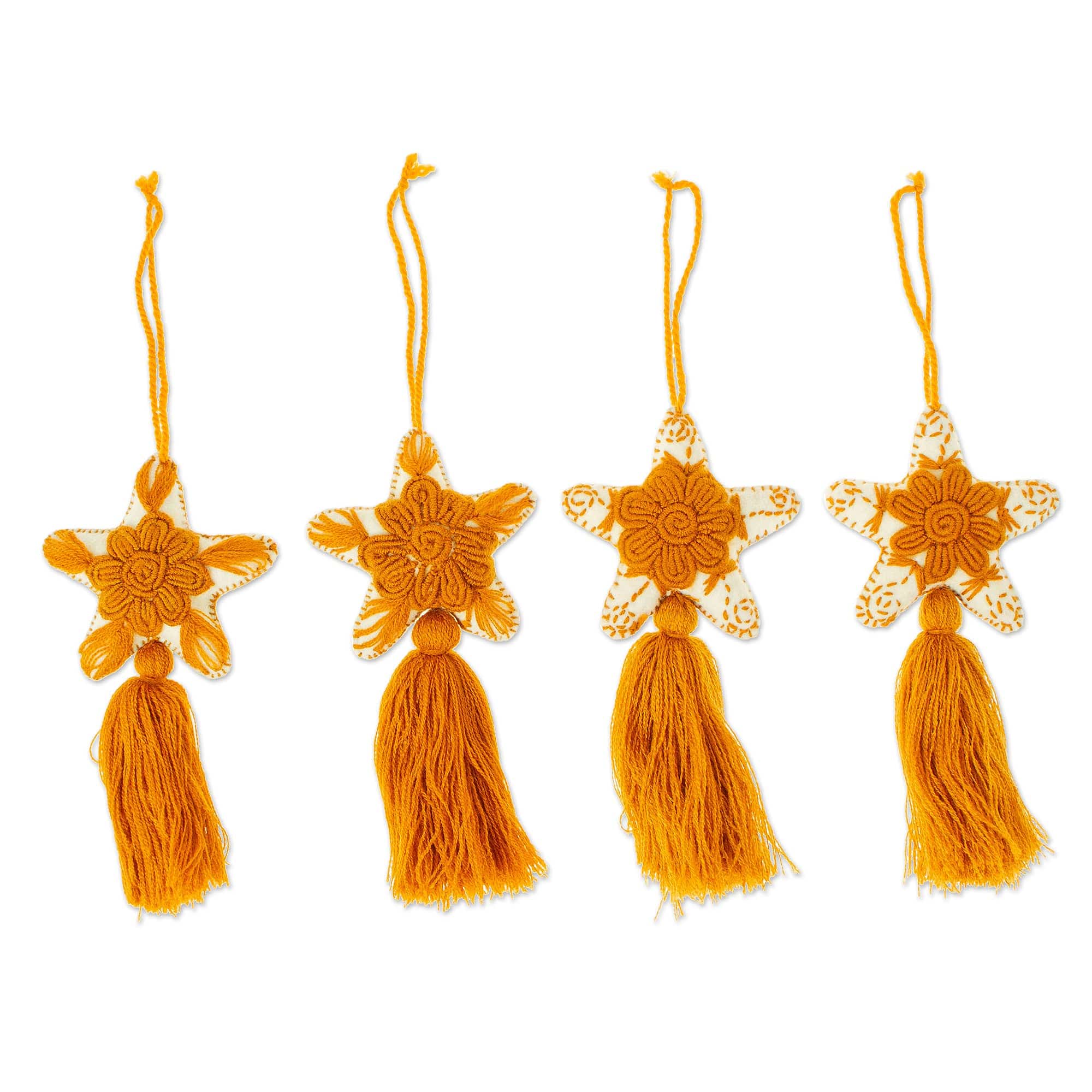 Set of 4 Handcrafted Cotton Star Ornaments in Ginger Hue - Ginger Constellation