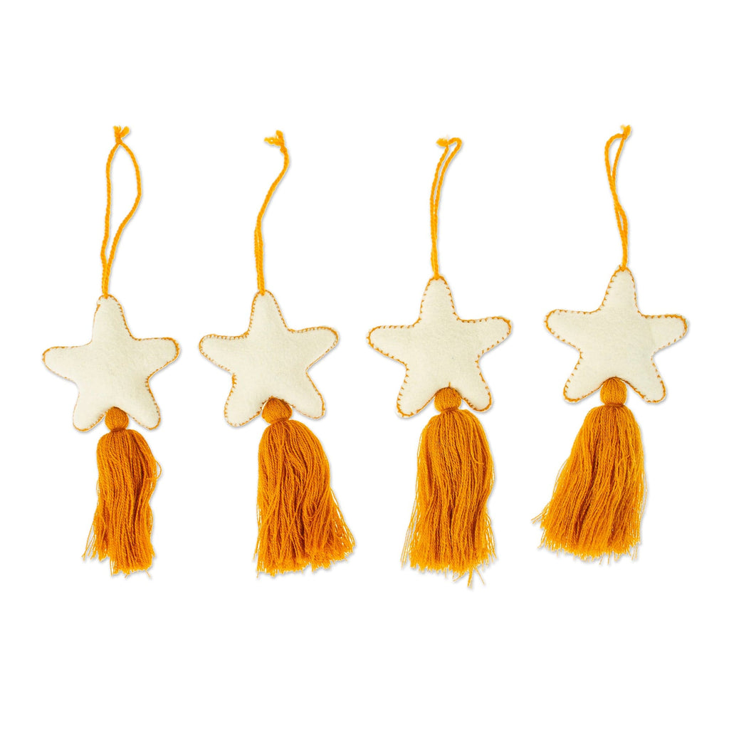 Set of 4 Handcrafted Cotton Star Ornaments in Ginger Hue - Ginger Constellation