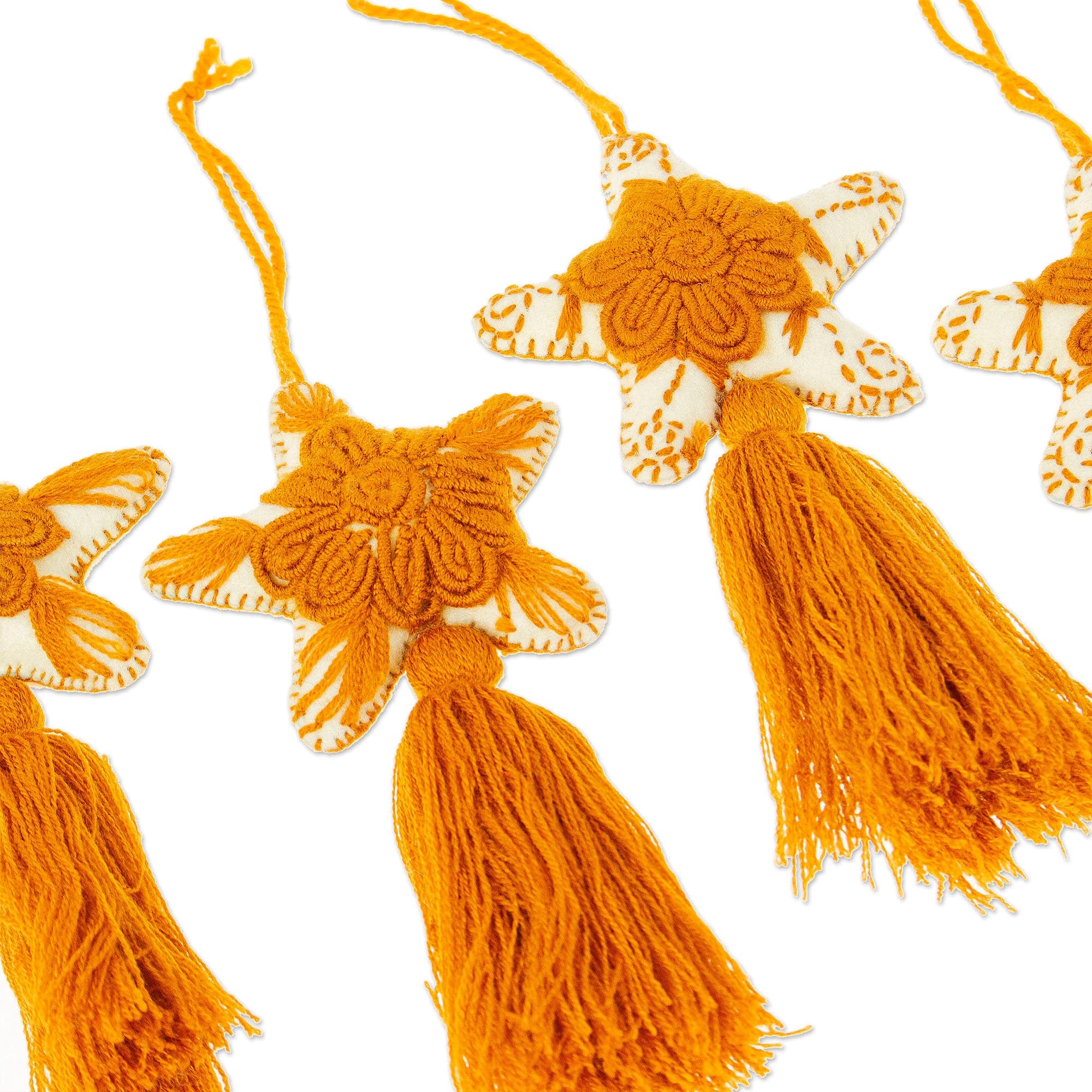 Set of 4 Handcrafted Cotton Star Ornaments in Ginger Hue - Ginger Constellation