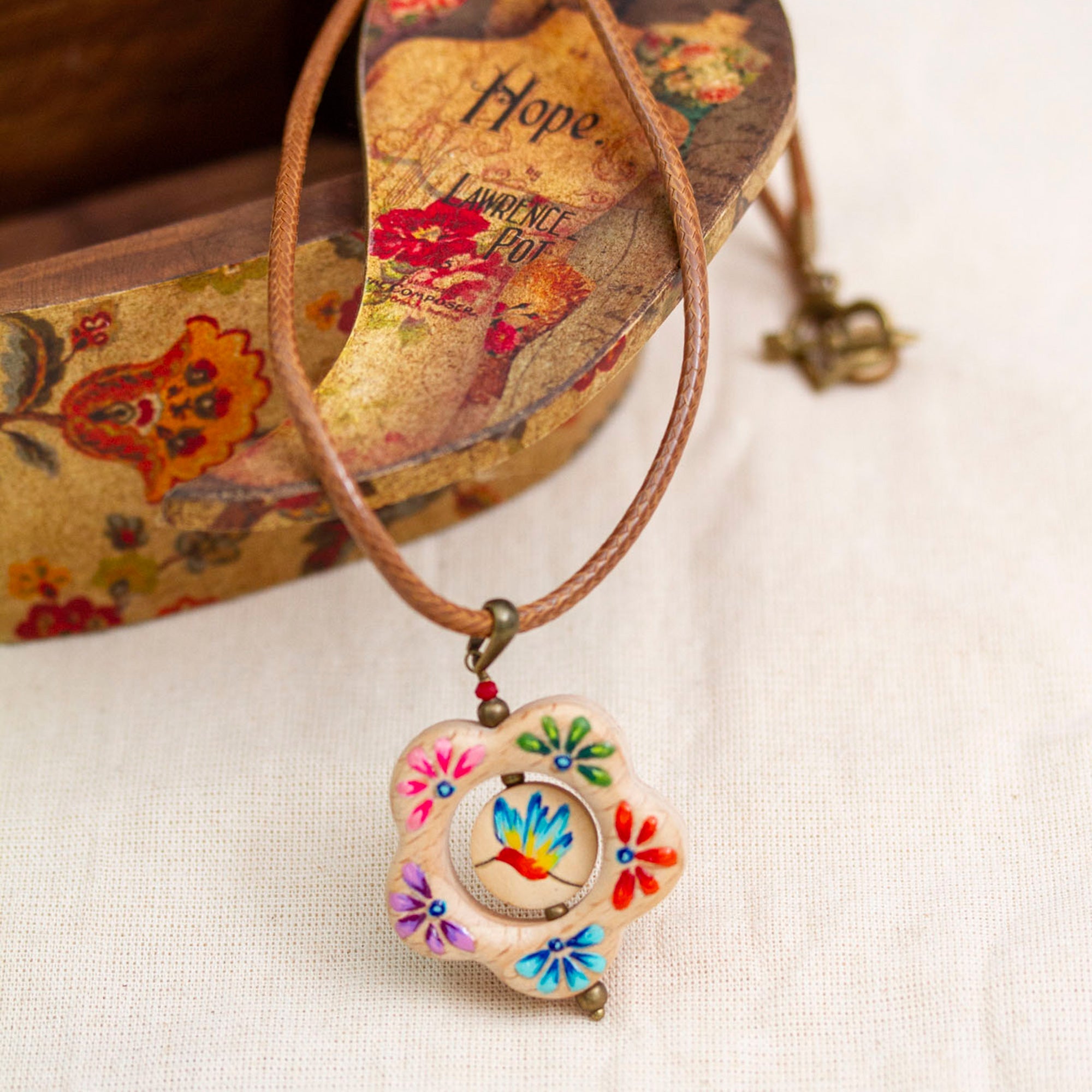 Hummingbird Floral Hand-Painted Wood Pendant Necklace - Hummingbird Bloom