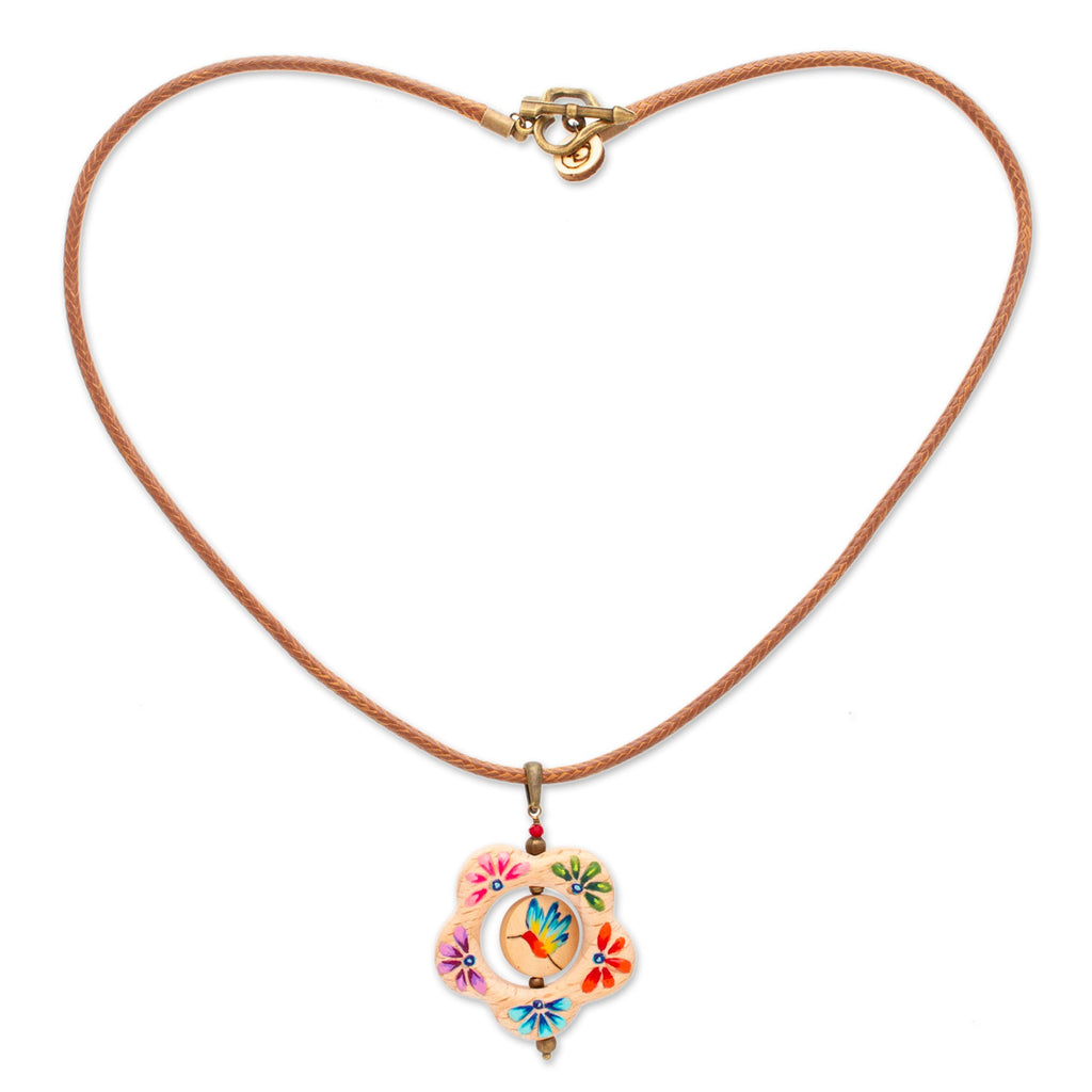 Hummingbird Floral Hand-Painted Wood Pendant Necklace - Hummingbird Bloom