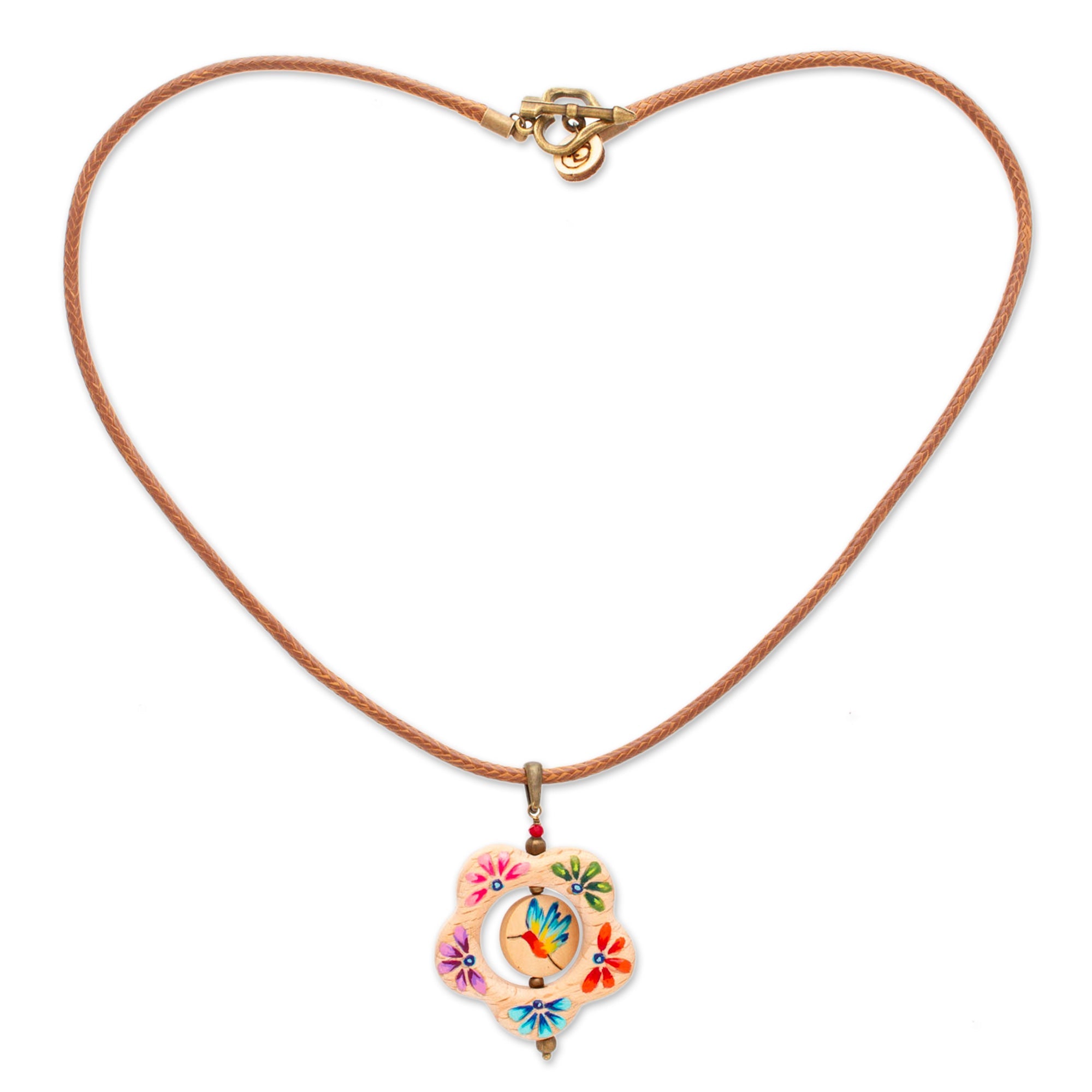 Hummingbird Floral Hand-Painted Wood Pendant Necklace - Hummingbird Bloom