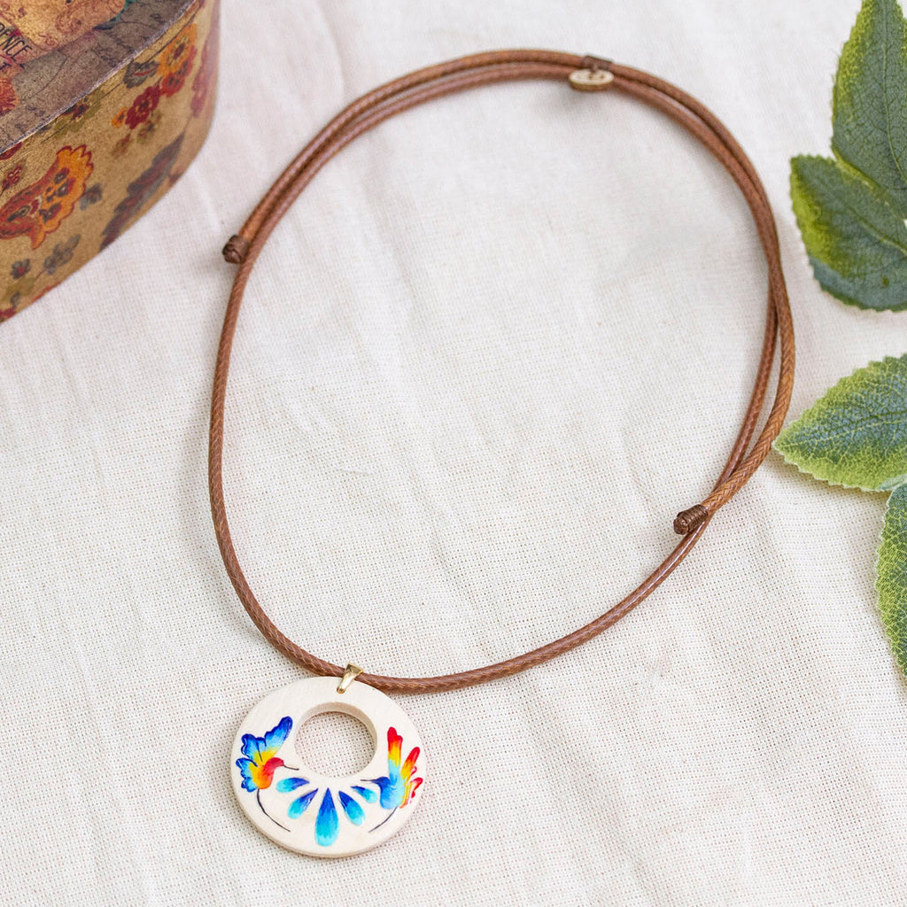 Hand-Painted Wood Pendant Necklace with Hummingbird Motif - Hummingbird Love