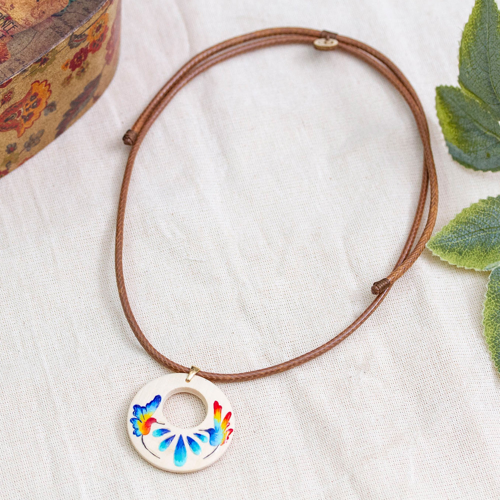 Hand-Painted Wood Pendant Necklace with Hummingbird Motif - Hummingbird Love