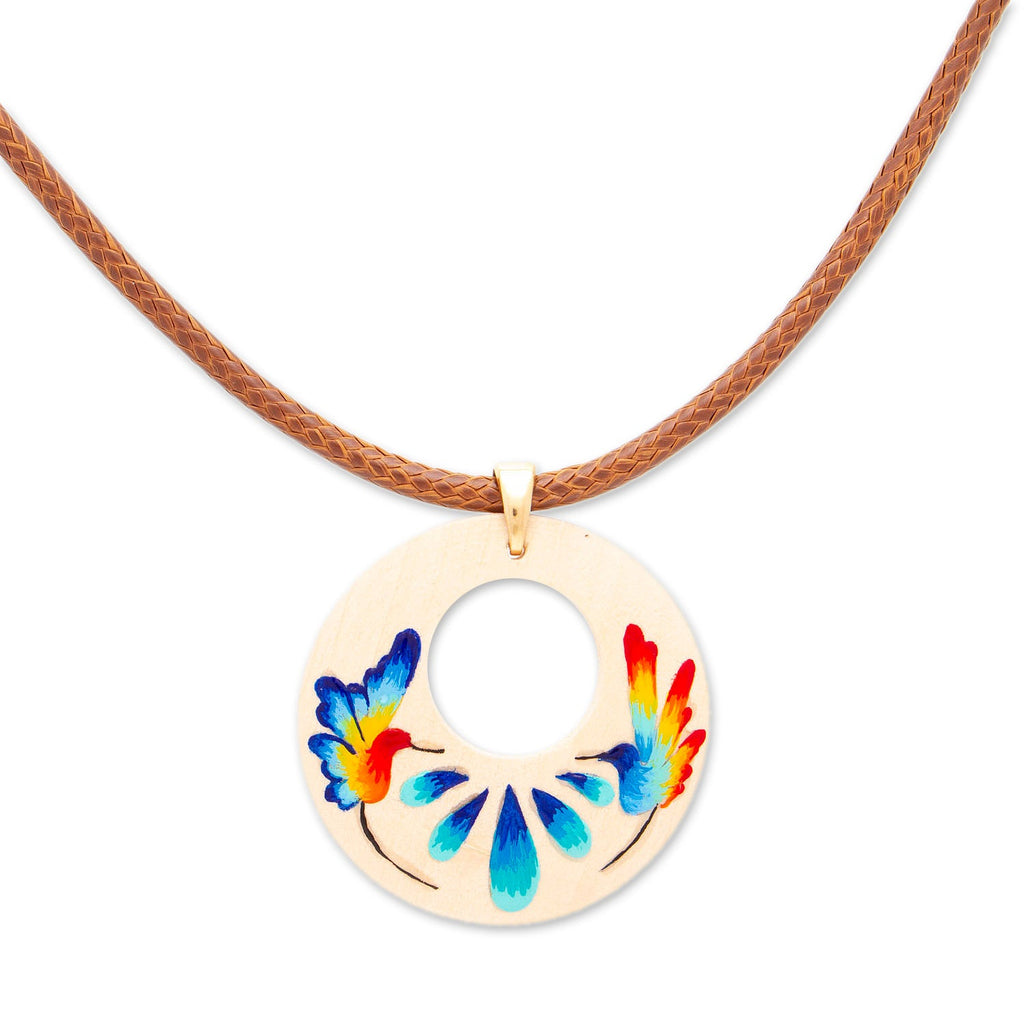 Hand-Painted Wood Pendant Necklace with Hummingbird Motif - Hummingbird Love