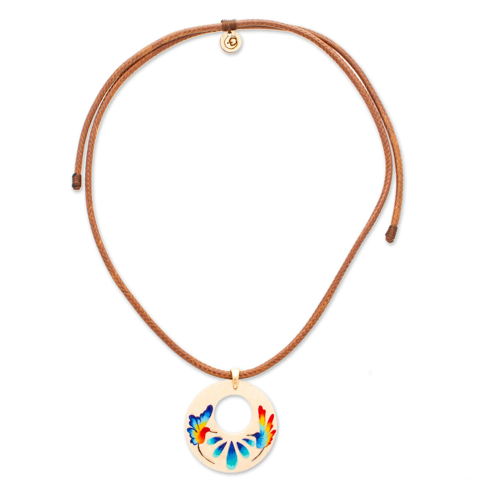 Hand-Painted Wood Pendant Necklace with Hummingbird Motif - Hummingbird Love