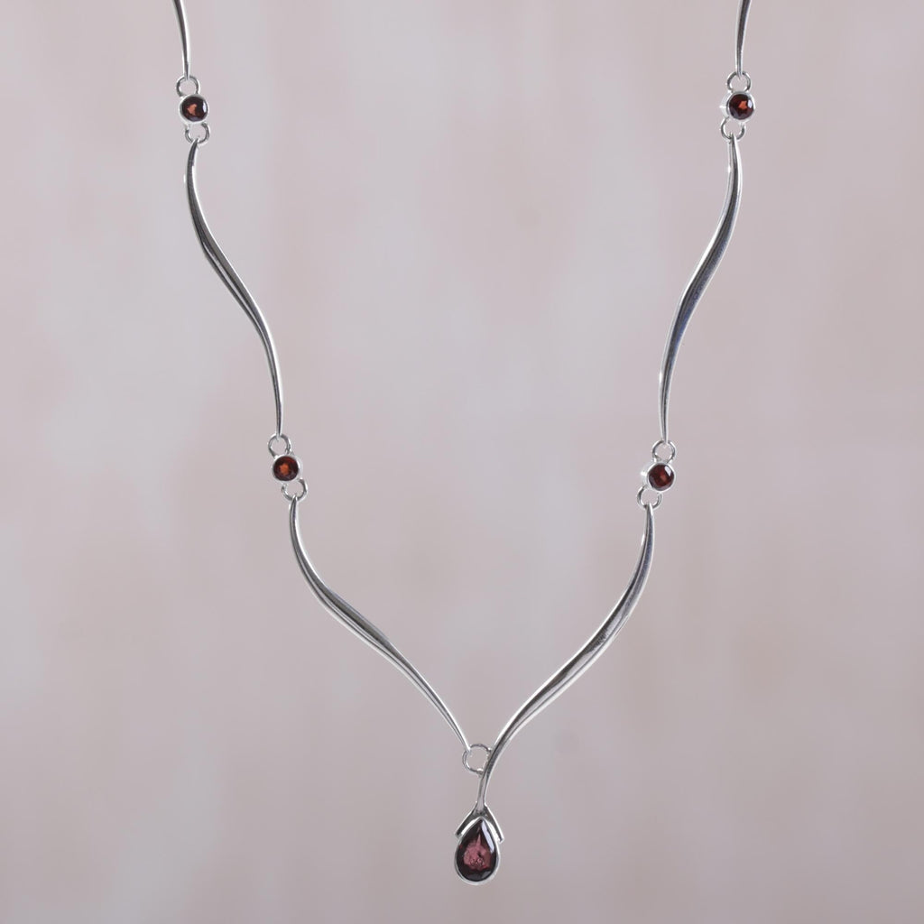 Sterling Silver and Garnet Necklace - Silver Tendrils