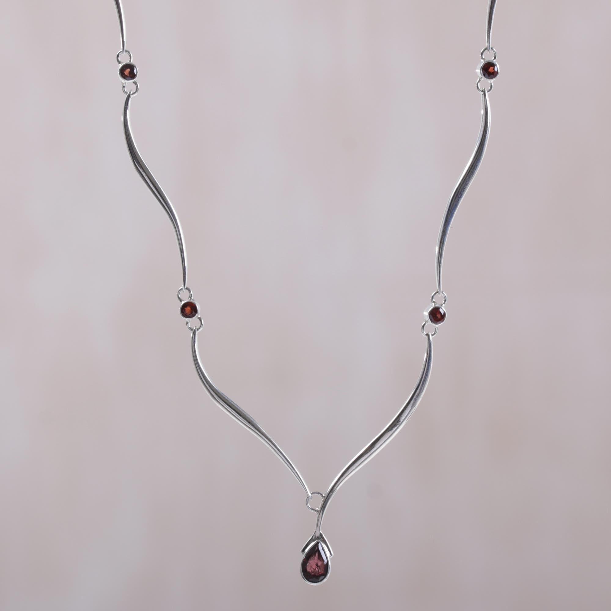 Sterling Silver and Garnet Necklace - Silver Tendrils