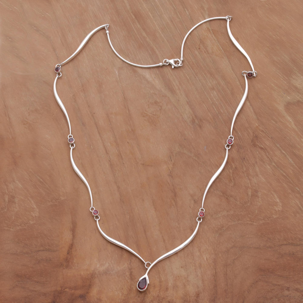 Sterling Silver and Garnet Necklace - Silver Tendrils