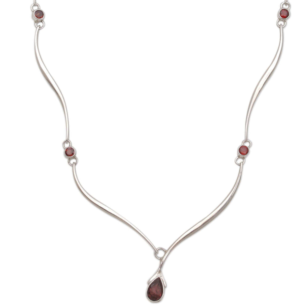 Sterling Silver and Garnet Necklace - Silver Tendrils
