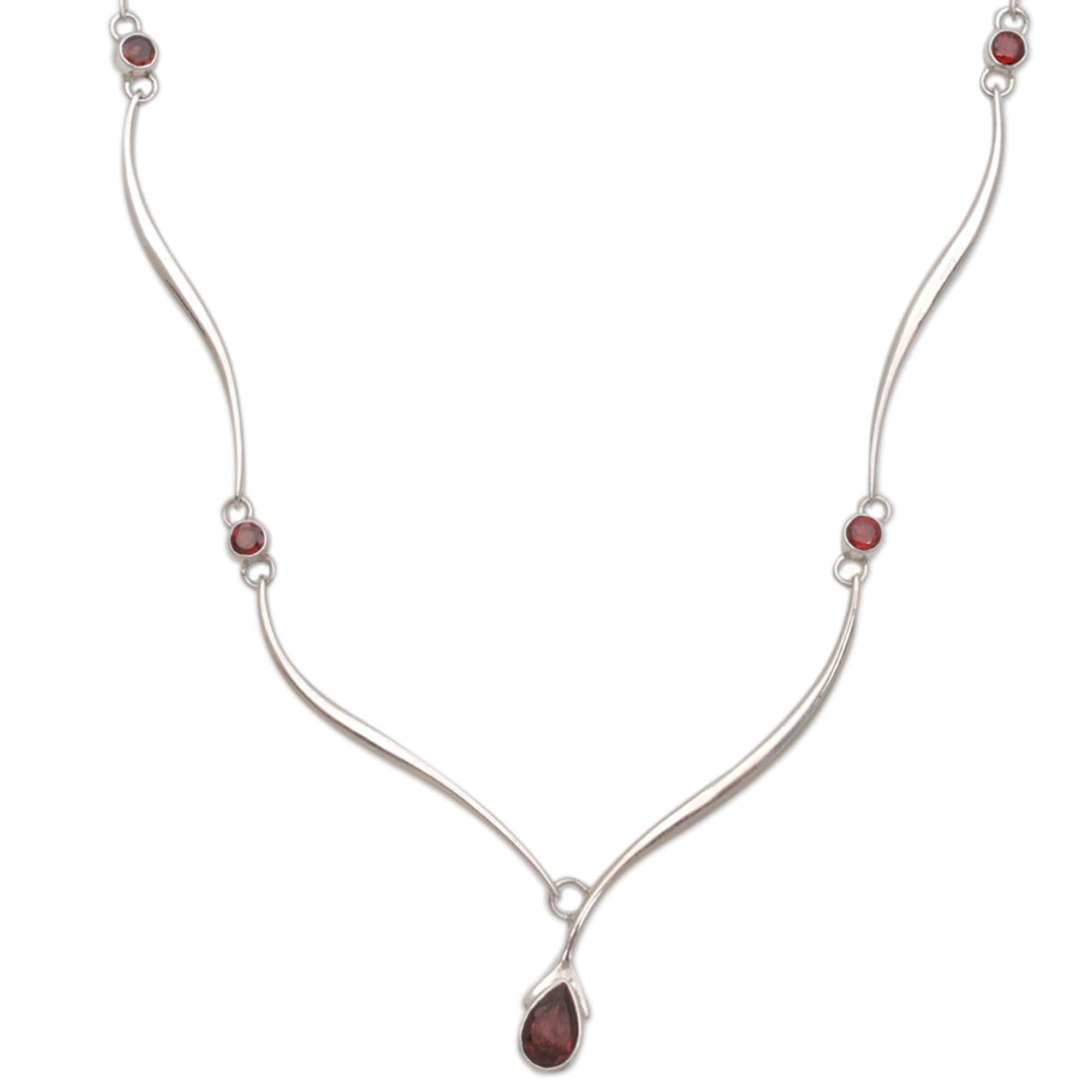 Sterling Silver and Garnet Necklace - Silver Tendrils