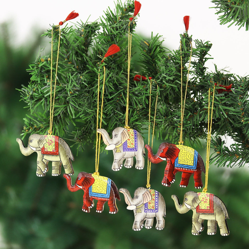 Wood Ornaments - Set of 6 - Festive Elephants